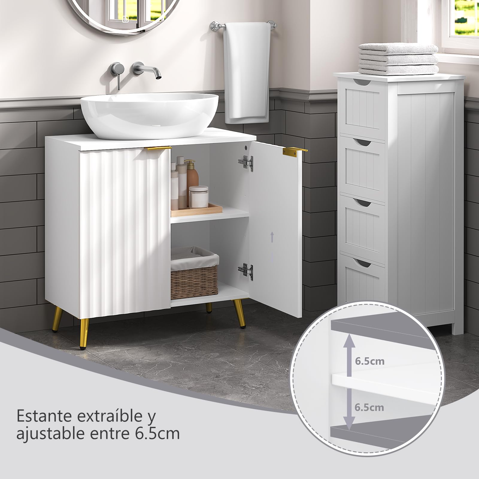 eSituro Mueble Bajo Lavabo, Armario de Baño con Recorte Sifón, Mueble Auxiliar Baño con Puertas Onduladas y Asas Doradas, Patas de Metal, 60x30x62