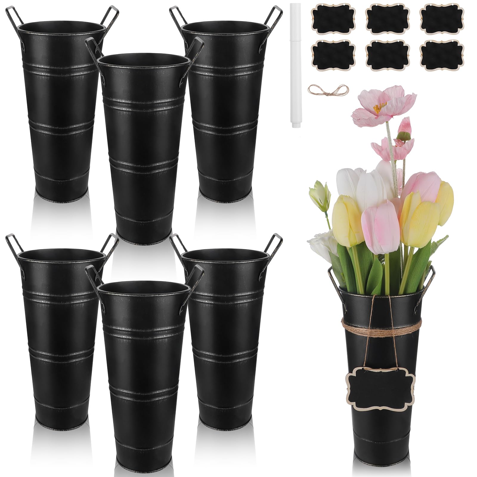 YXSJAS 6 Pcs Flower Buckets 11 Inch/23 cm Galvanized Metal Vases with Handle Table Vases Farmhouse French Bucket Bulk with Wooden Blackboard Liquid Chalk Rope for Wedding Table Centerpiece Decor,Black