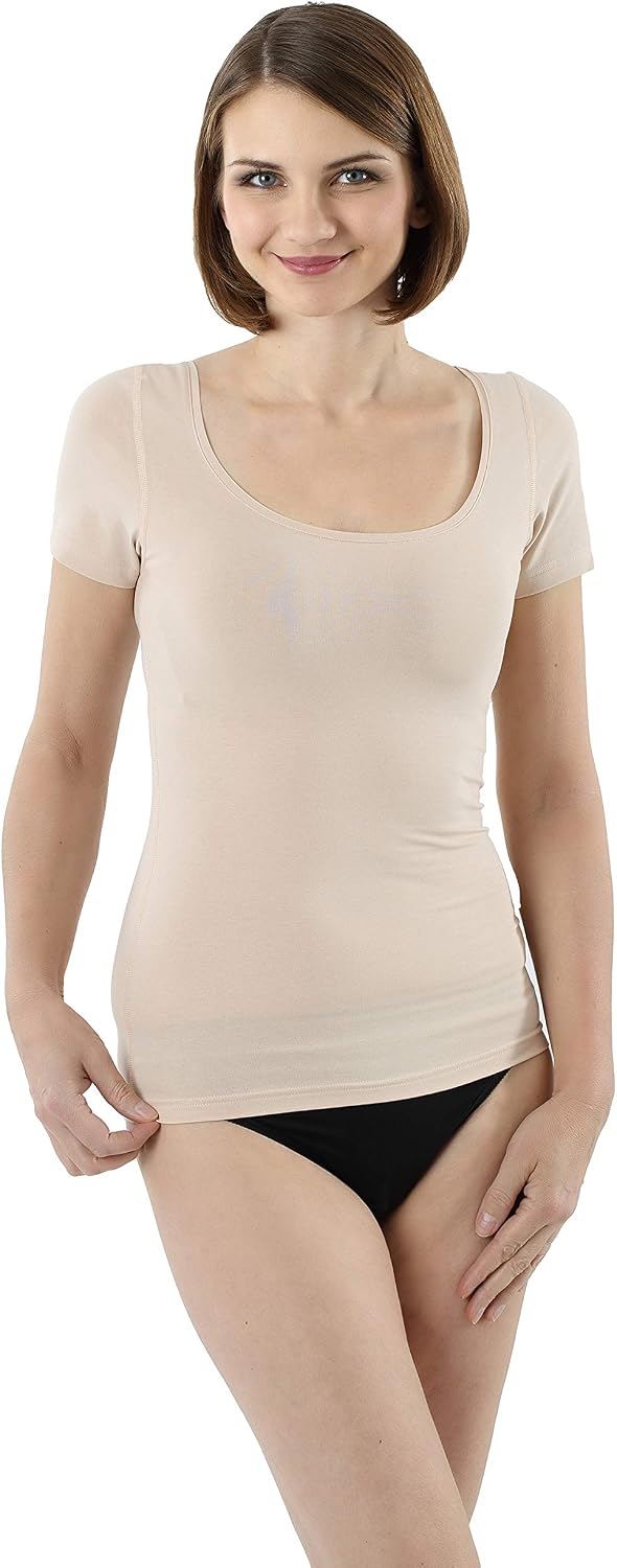 ALBERT KREUZ Women's Short Sleeve Undershirt with deep Scoop Neck Stretch Cotton Nude Beige