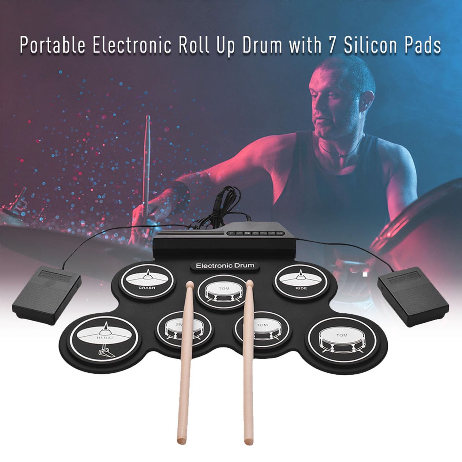 Ejoyous Elektronisches Schlagzeug, 7 Silikon-Drum-Pads mit 5 Stimmungen, 8 Demo-Songs, 3 Rhythmen, Aufrollbares Schlagzeug-Übungspad mit MP3-Eingang, für Smartphones und Tablets