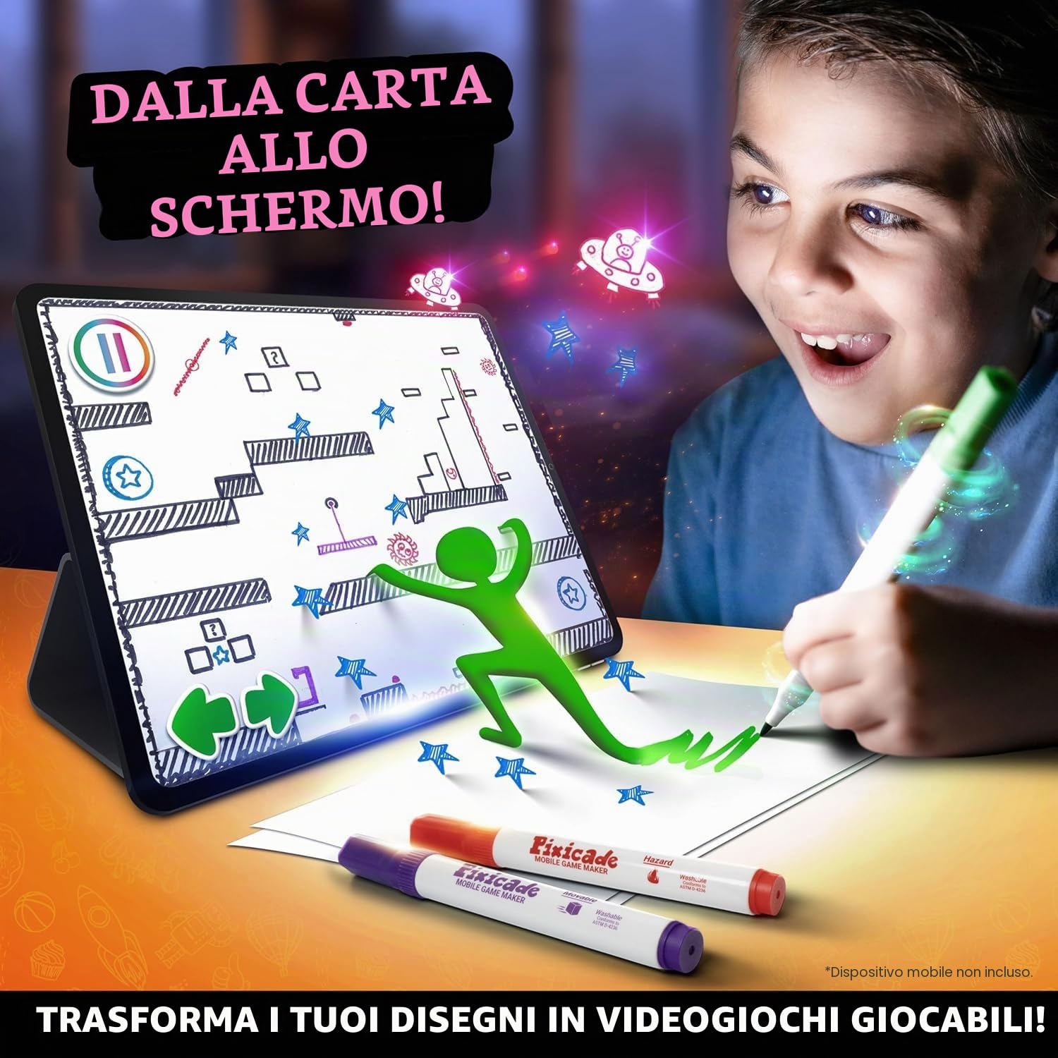 Abacus Brands Pixicade - Giocattoli creativi fai da te dai 6 anni in su. Crea i tuoi videogiochi con 5 pennarelli e 108 pagine, disegno, scansione e gioca