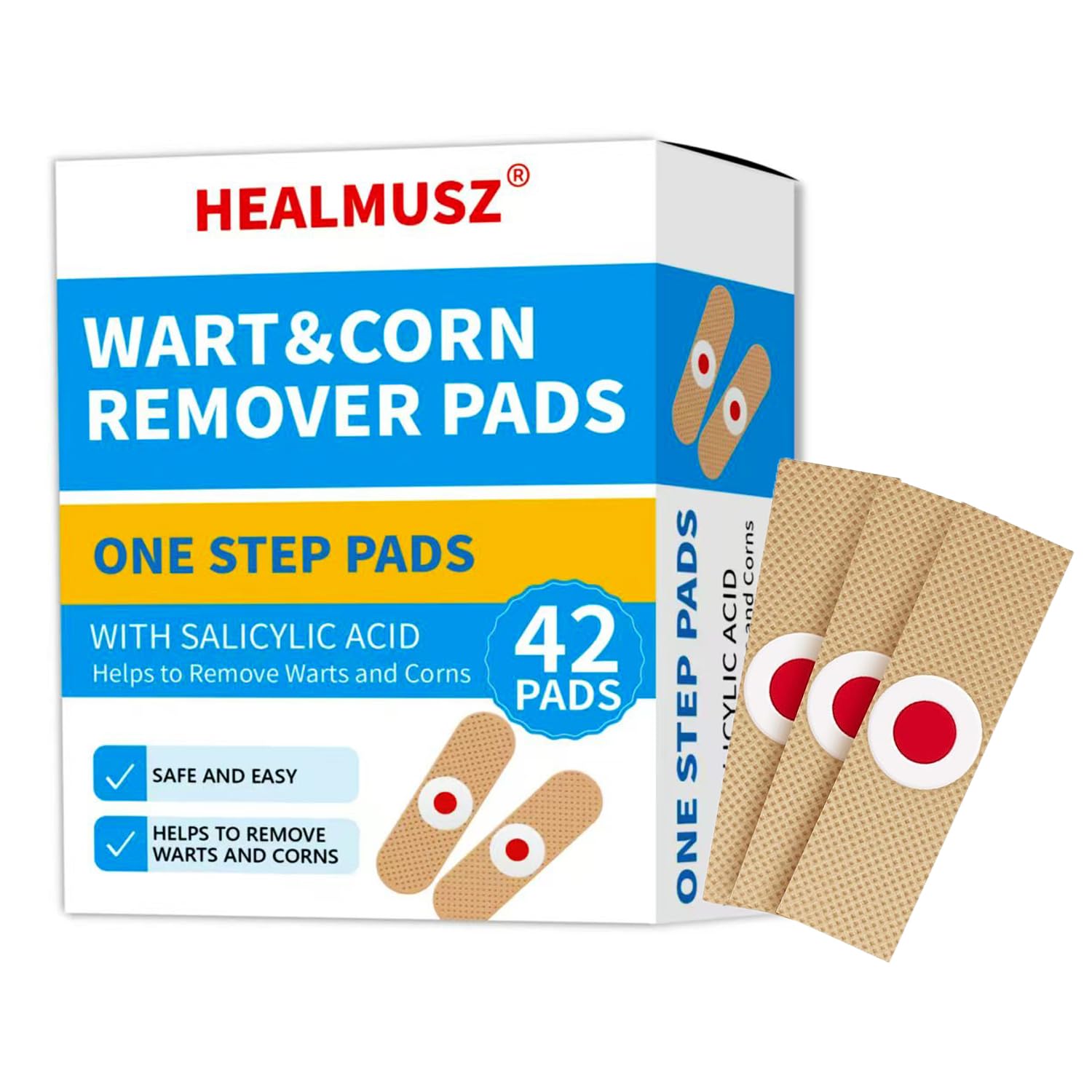 HEALMUSZ Wart Remover Pads, 40% Salicylic Acid Maximum Strength One Step Bandages for Hands Neck Feet Fingers Fast Effective for Plantar Wart, Hand Wart, Corns, Callus Removal