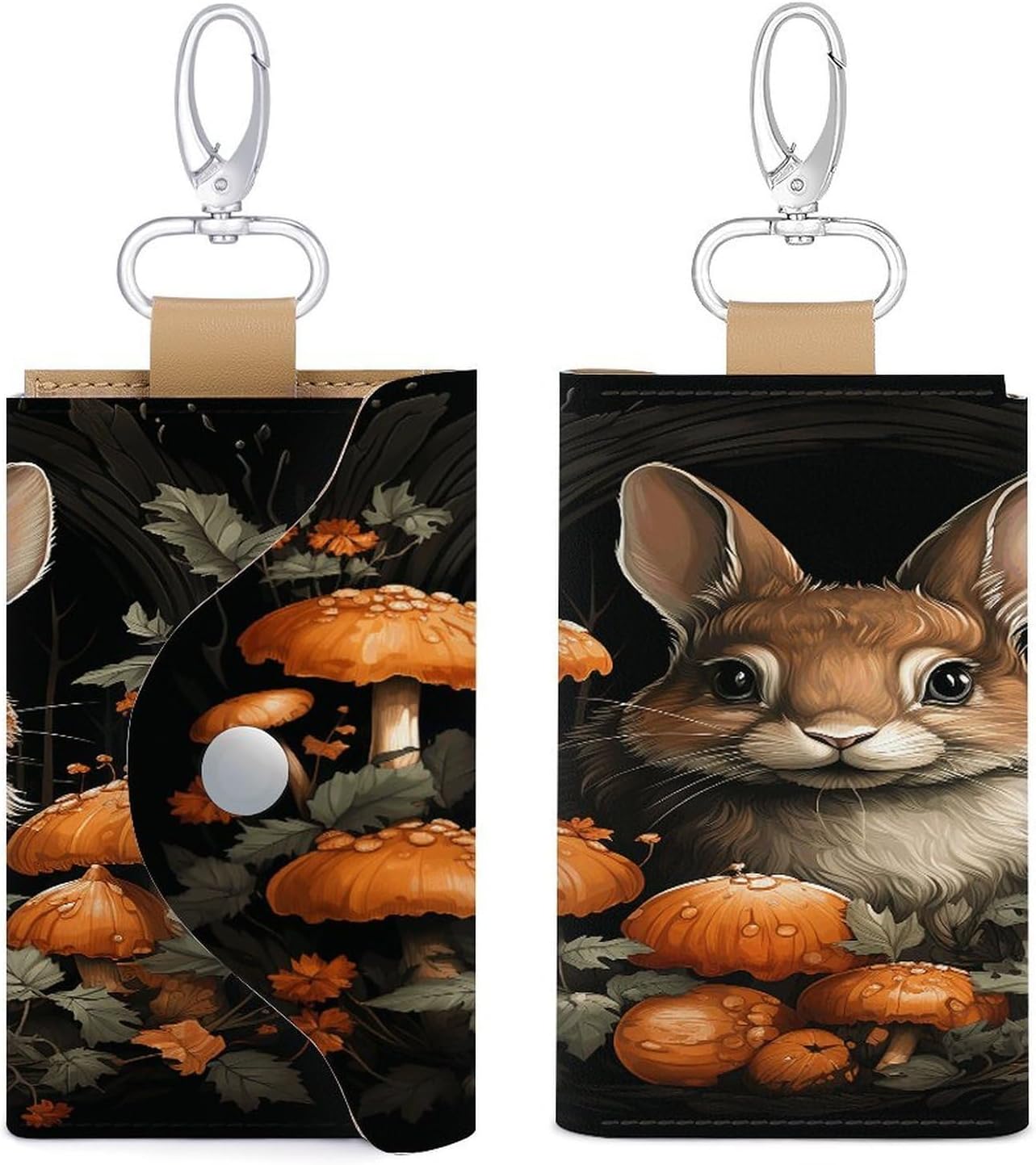 Rabbit with Mushrooms Key Case Leather Car Key Chain Card Holder Wallet Pouch Keys Money Organizer Case Snap Closure