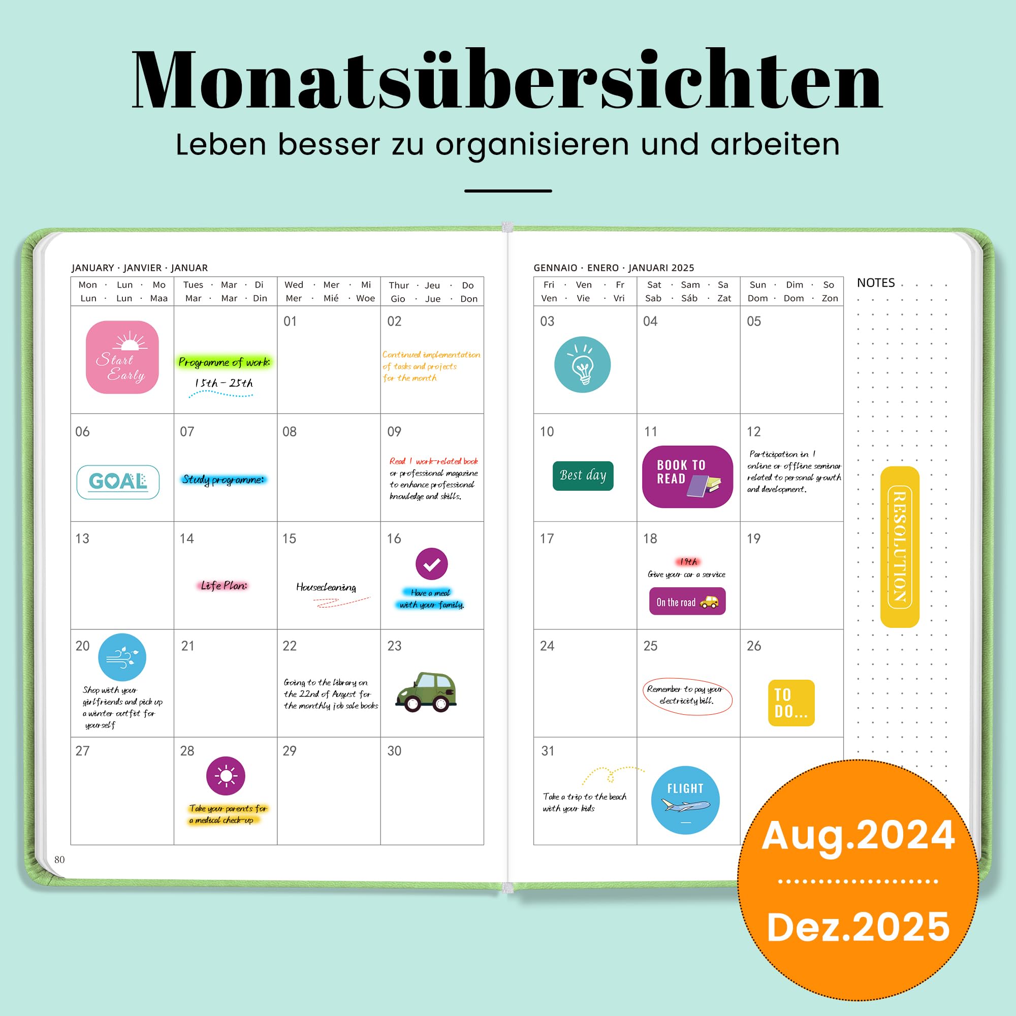 Jokisa Agenda 2025, Agenda Giornaliera Con Passante per Penna, Chiusura Elastica e Adesivi, Agenda Settimanale Intervalli di 30 Minuti, Ago.2024-Dic.2025 (22 x16 cm)