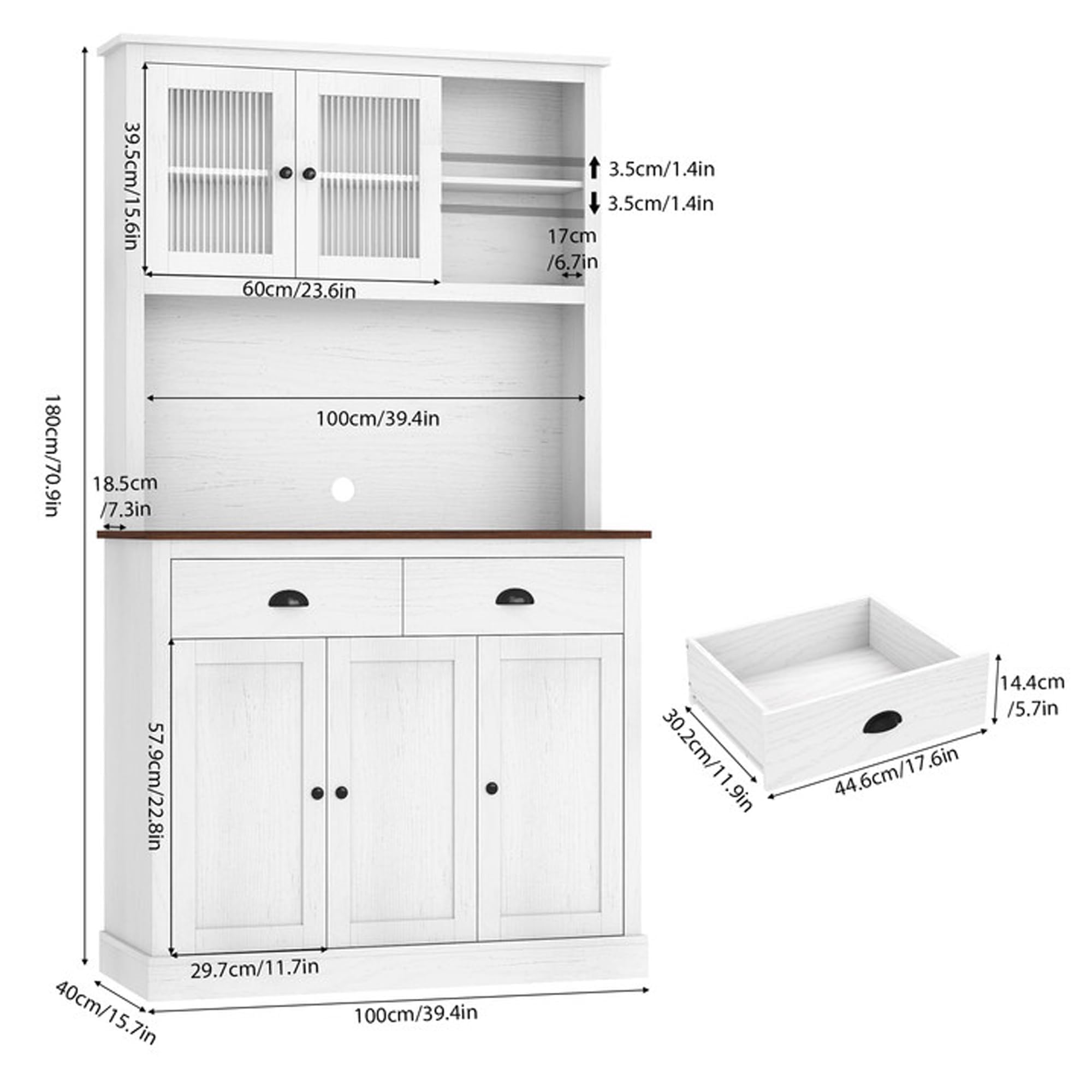 Moderner Küchenschrank, 180 cm – 5 Türen, 2 Schubladen, Vitrine – verstellbare Regale – ideal für Küche und Esszimmer – Washed White