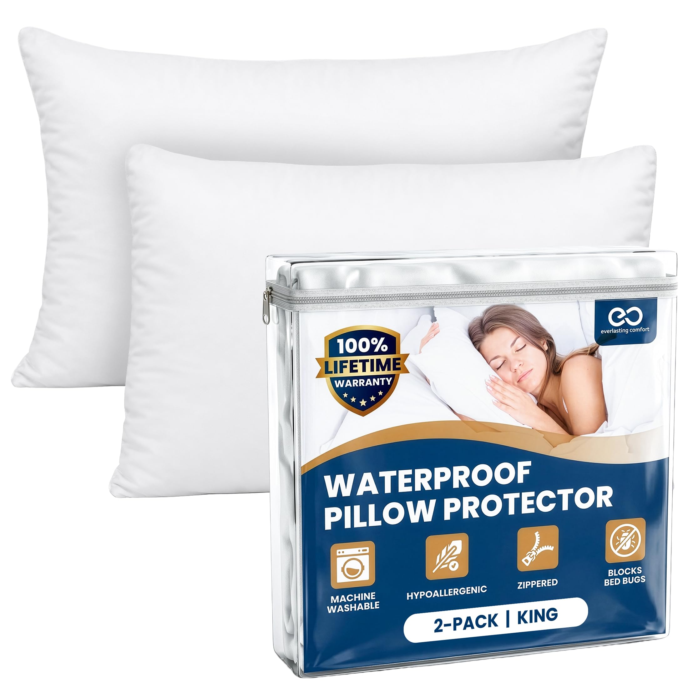Stain Resistant & Waterproof King Size Pillow Protectors with Zipper (Set of 2) - White Pillowcases - Breathable, Comfortable Pack of Covers for Pillows, 20 x 36 Inches
