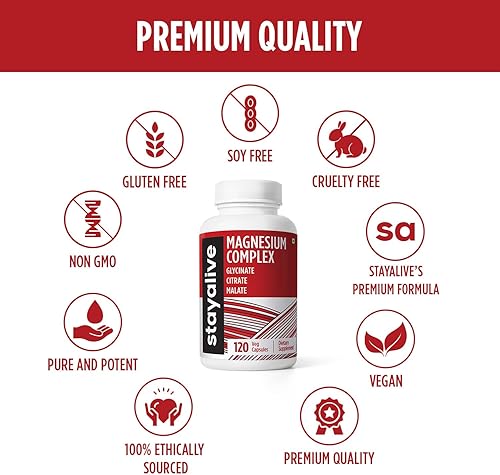 Miniatura 6 de STAY ALIVE Suplemento complejo triple de magnesio de 500 mg, glicinato quelado, citrato y malato en polvo, magnesio de alta absorción para mujeres y