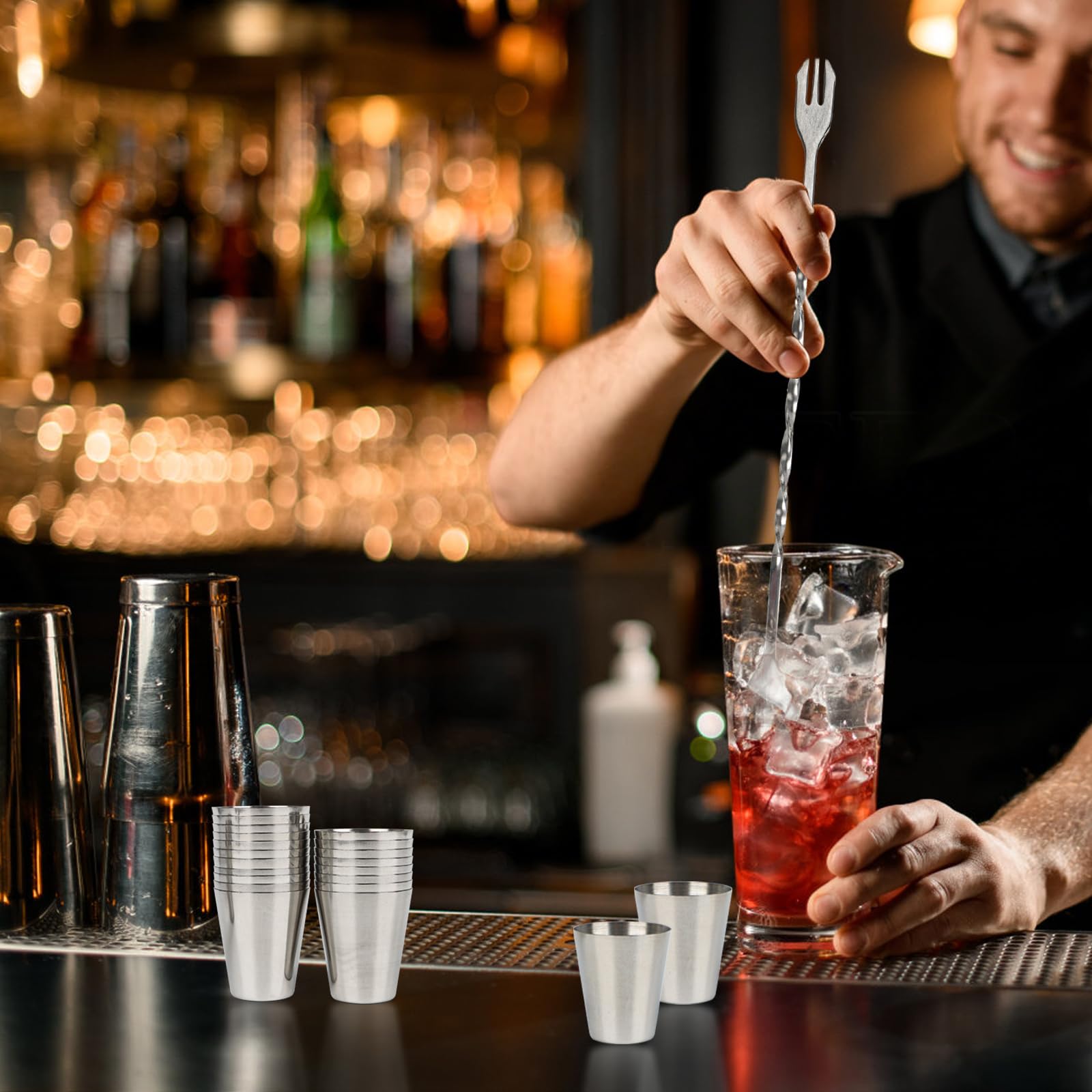 20 vasos de acero inoxidable y 1 cuchara, 30 ml vaso de metal | Apilable viaje