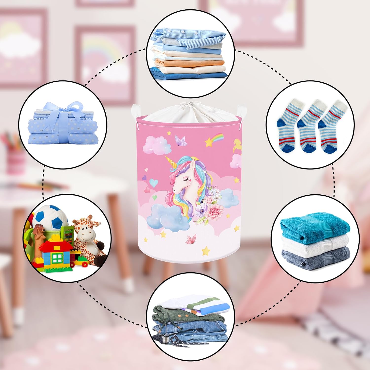 Clastyle 45L Pink Unicorn Laundry Basket for Girls Round Rainbow Kids Laundry Hamper Moon Stars Flower Cloud Toy Clothes Storage Basket
