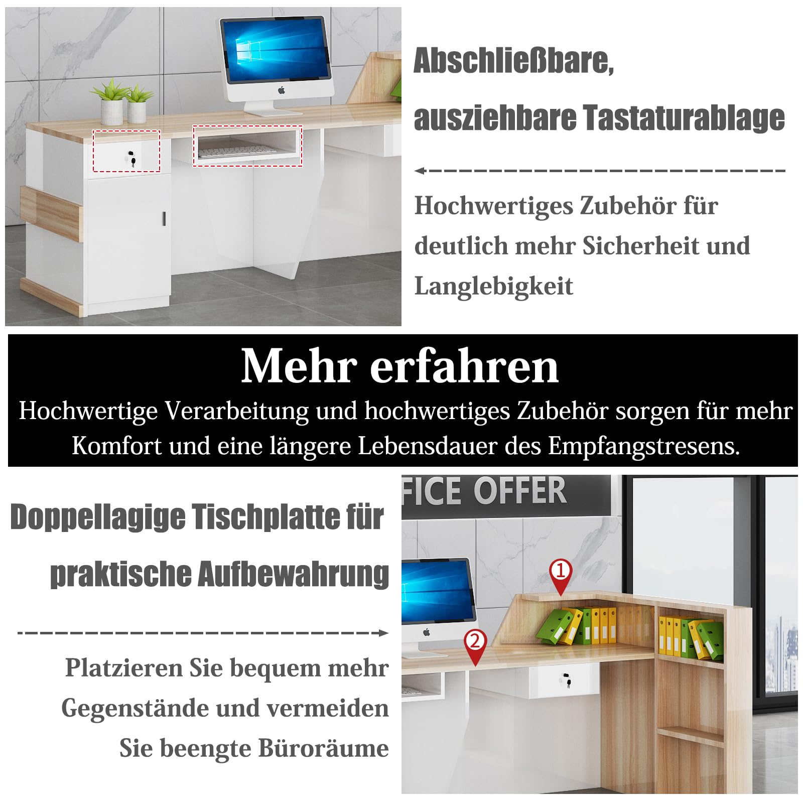 Empfangstheke Rezeptionstheke Verkaufstresen aus Holz mit Stauraum – 100–300 cm Langer Kassentisch Theke für Büro Praxis Friseursalon Kosmetikstudio Laden Empfangsbereich Beratung