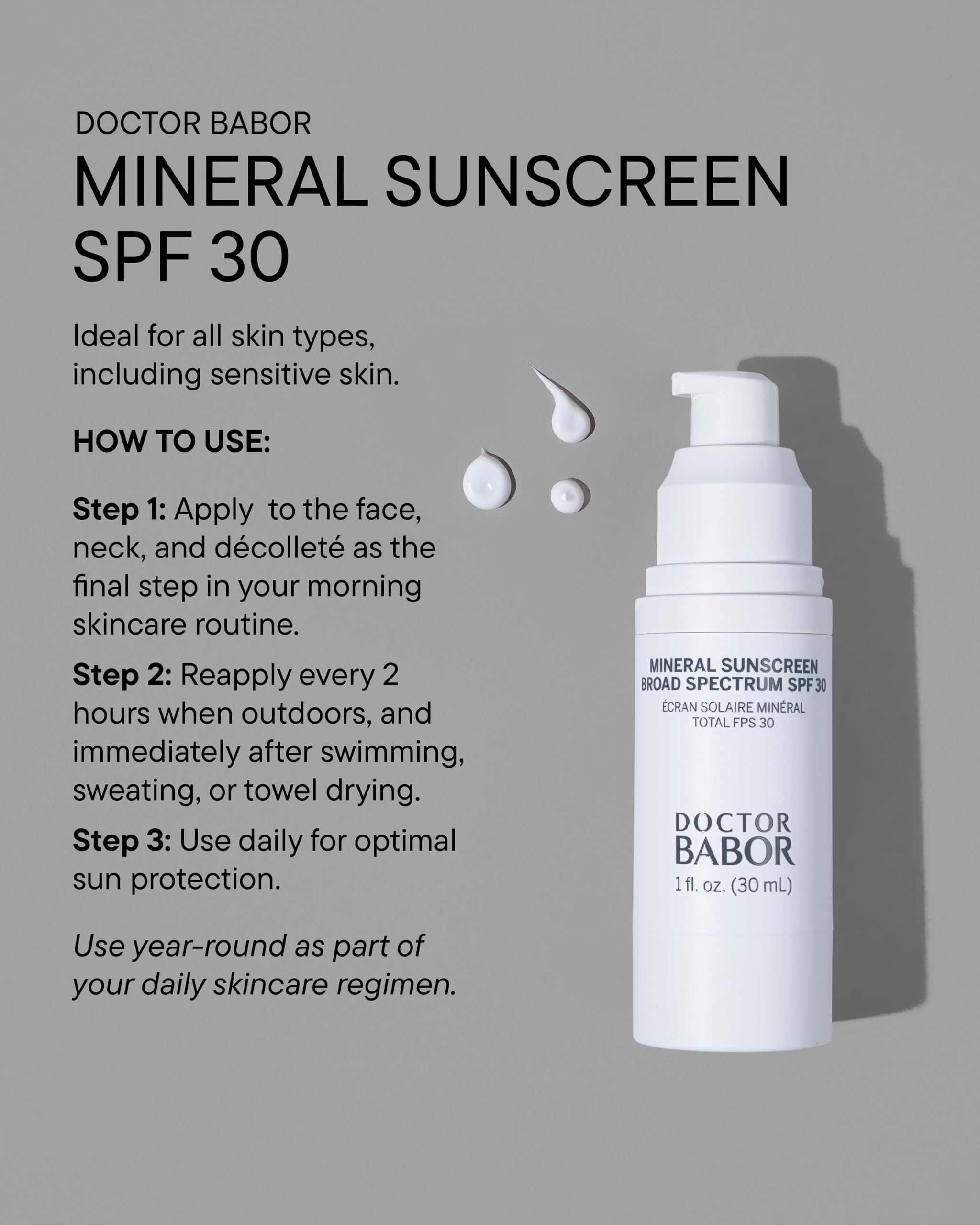 DOCTOR BABOR Protect Rx Mineral Face Sunscreen SPF 30, Physical Protection with No White Cast, Non Tinted Sheer Mineral Coverage for Anti Aging and Wrinkle Defense, Moisturizing Under Makeup, 1 oz.