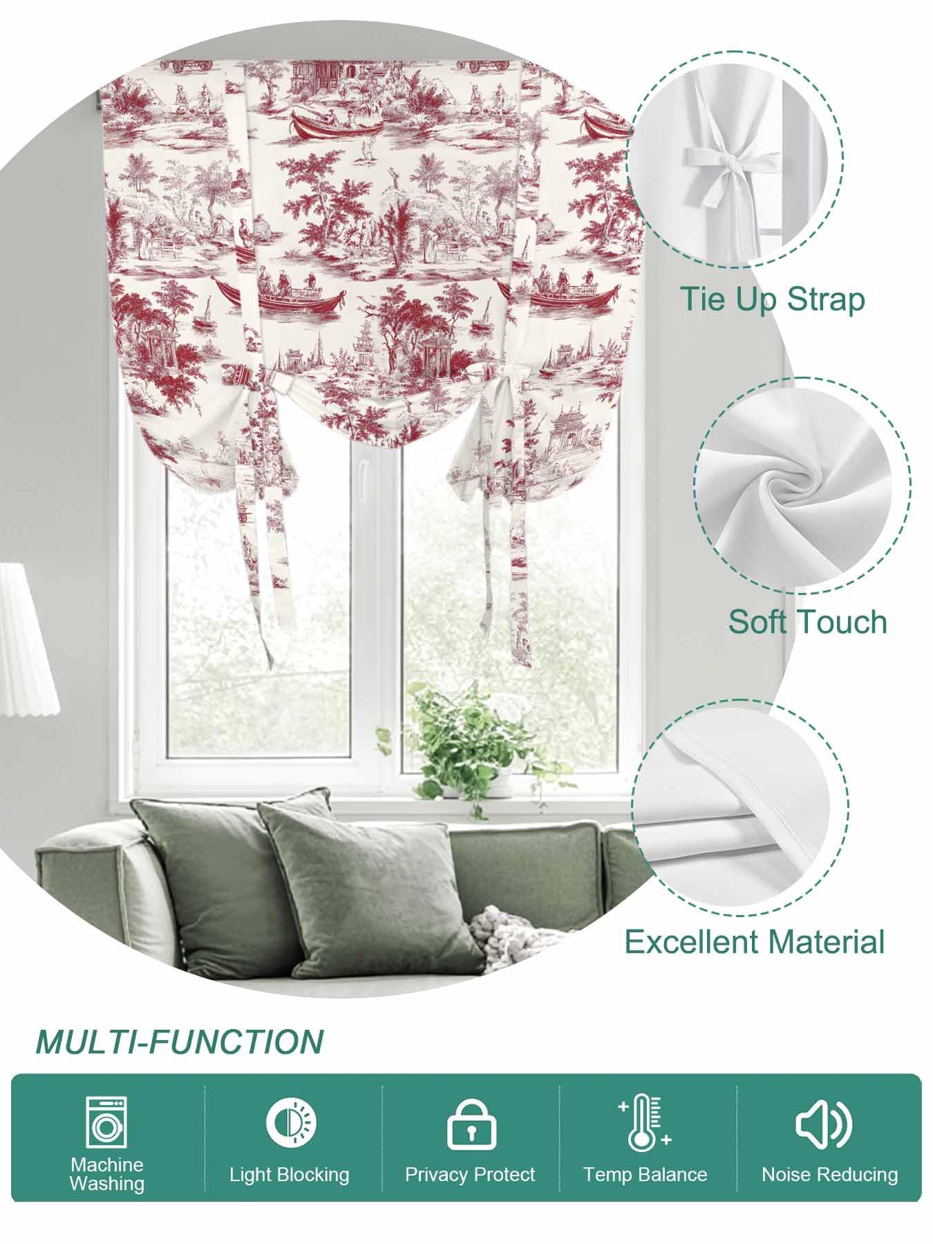 Tie Up Curtains for Windows Red Garden Vintage Roman Shade 46 x 63 Inch Bathroom Curtains Window Modern Art Building Boat Tree Rod Pocket Short Balloon Curtain for Living Room Kitchen Small Blinds
