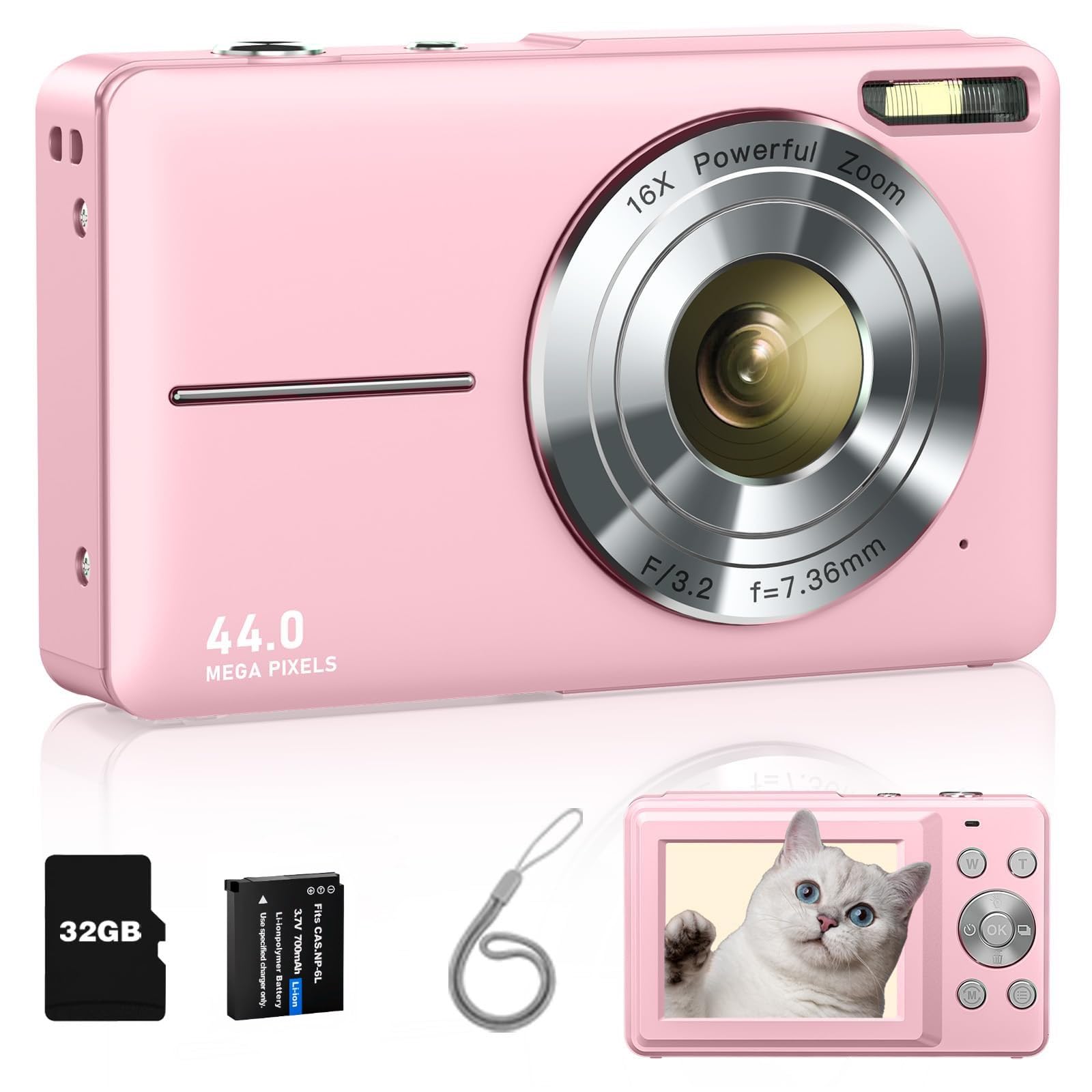 Milatech Digital Camera, FHD 1080P Camera, Digital Point and Shoot Camera with 16X Zoom Anti Shake, Compact Small Camera for Kids (Pink)