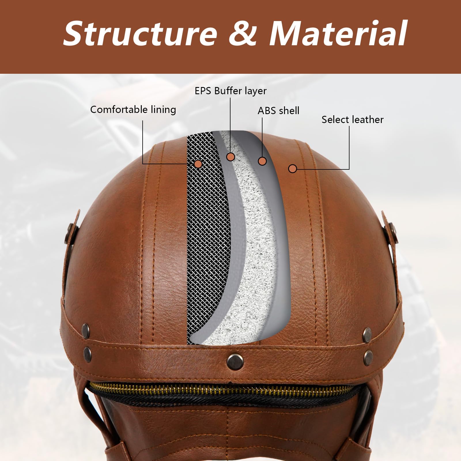 Retro Helm Motorradhelm Lederhelm Jethelme Vintage Mopedhelm Mit Brille ECE Zertifiziert Motorradkreuzer-Rollerhelm im Deutschen Stil