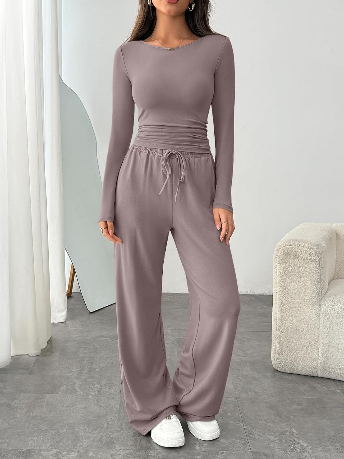 Trendy Queen Women's 2 Piece Matching Lounge Set Boat Neck Slim Fitted Top Wide Leg Pants Casual Tracksuits - Image 2