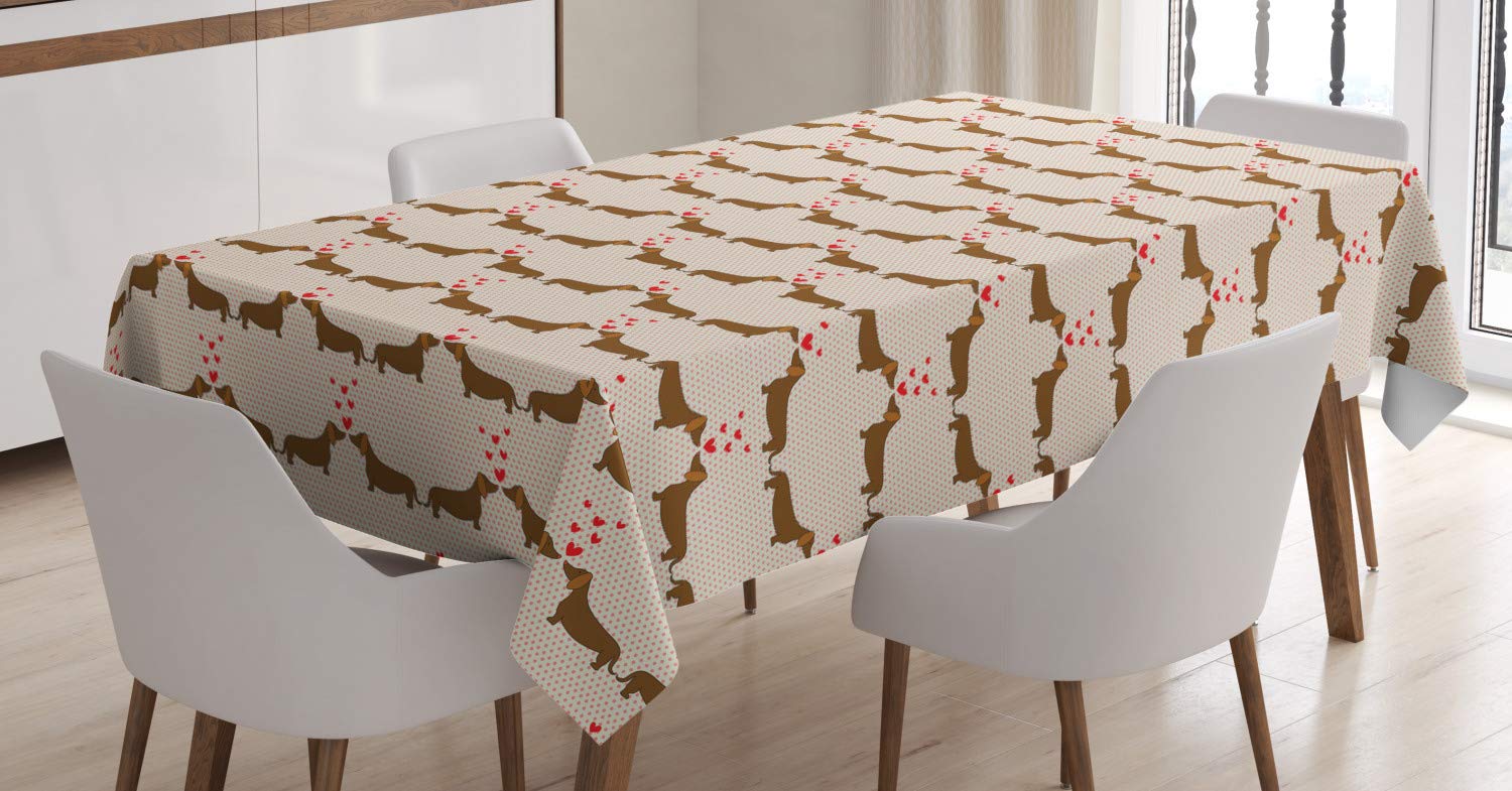 ABAKUHAUSDachshund Tablecloth, Sausage Dogs in Love, Dining Room Kitchen Rectangular Table Cover, 54 W X 66 L, Chocolate Vermilion