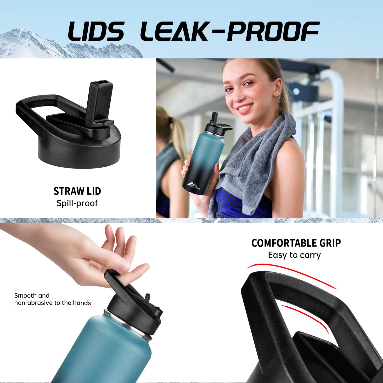StarSpeed Botella de agua aislada de 32 onzas, termo de agua de acero inoxidable de doble pared, jarra de agua de vacío de 32 onzas, taza térmica deportiva de boca ancha con tapas de boquilla de