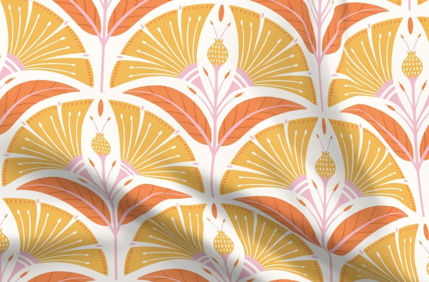 Spoonflower Fabric - Art Deco Flowers Yellow Orange Pink Large Scale Geometric Scallop Mid Printed on Petal Cotton Fabric Fat Quarter - Sewing Quilting Apparel Crafts Decor