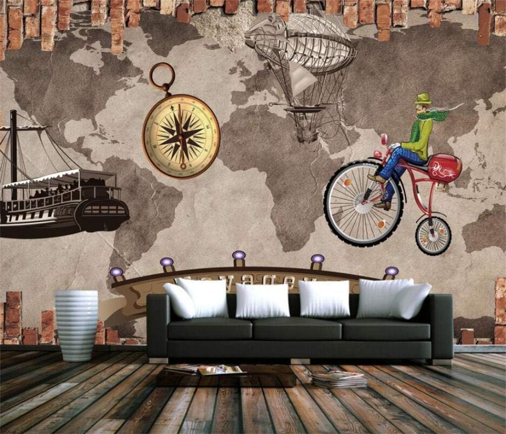 Papier peint boussole bicyclette 3D carte du monde déco murale salon 200x140