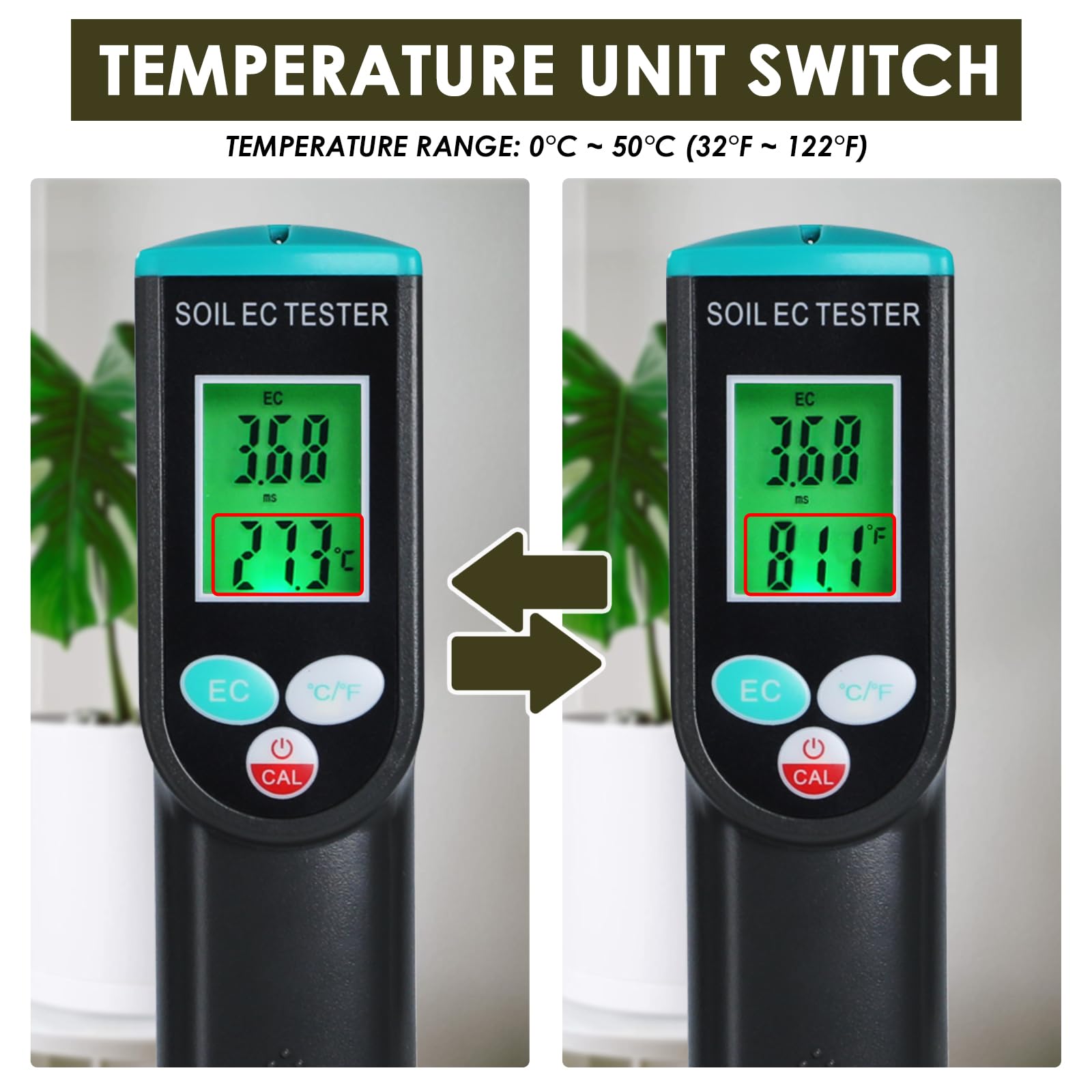 Compteur EC et température du sol 2 en 1 numérique avec compensation automatique de la température - Compensation de température portable - Électrode filaire - IP67 - Étanche - Pour agriculture