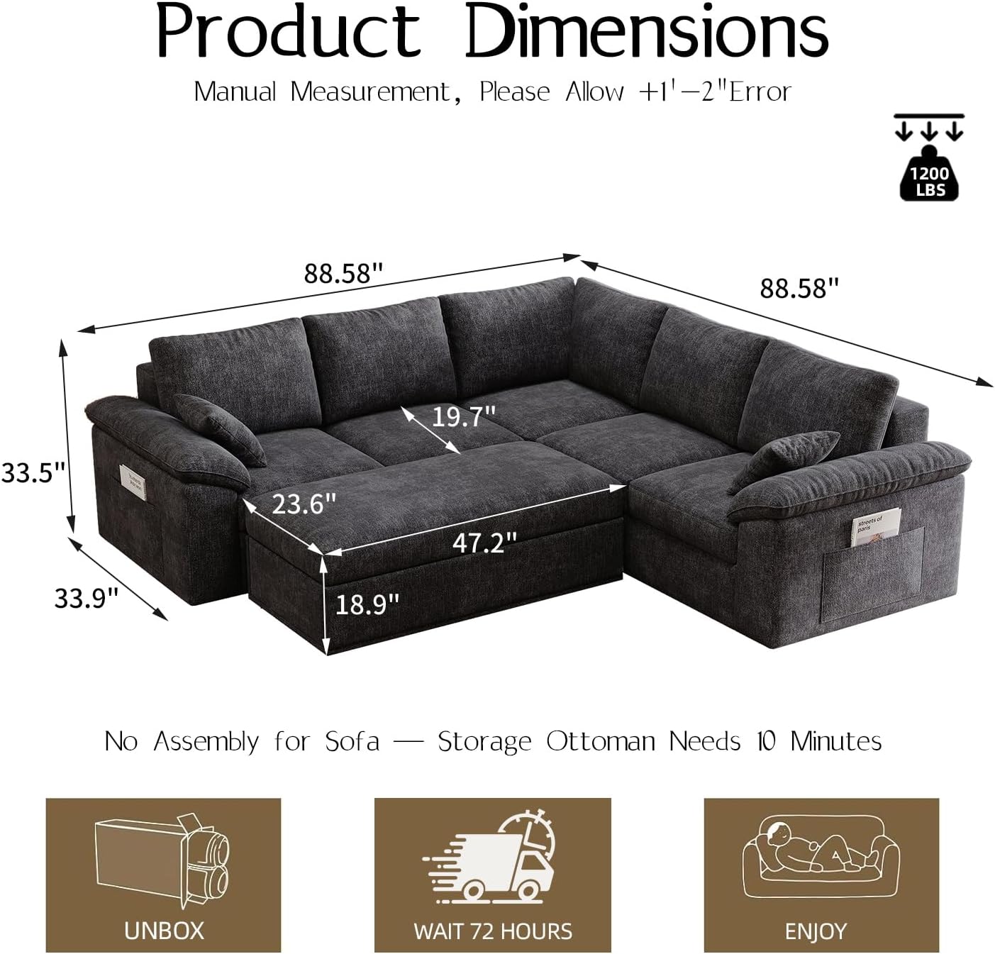 88.6" Boneless Cloud Sectional Couch for Living Room, Compressed Modular L-Shaped Sofa with Storage Ottoman, Frameless Chenille Couch in Boxes, 5-Seater (Gray)