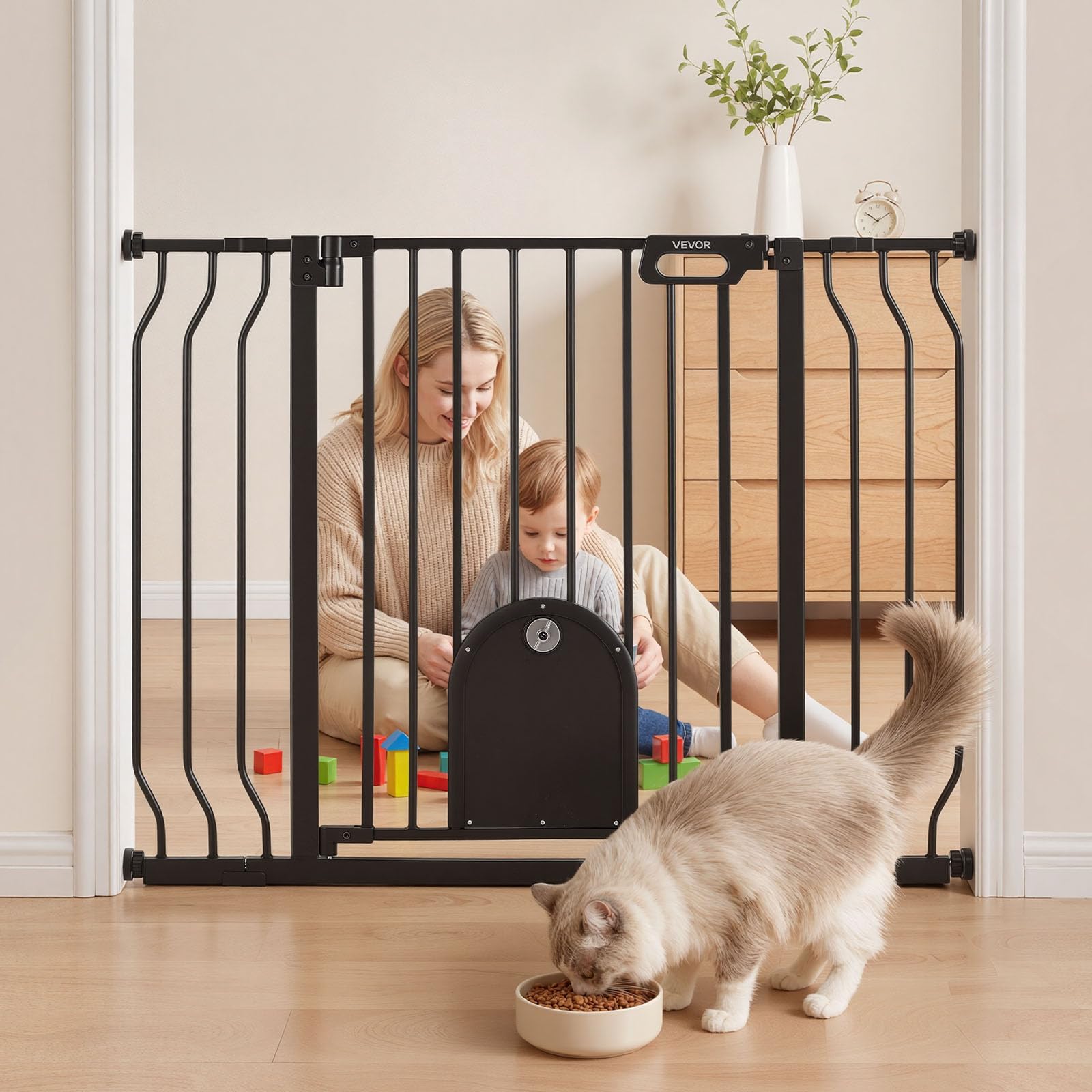 VEVOR Barrera de Seguridad para Niños, 76 cm x 75-111 cm, Valla de Seguridad Infantil con Puerta Ajustable para Gatos, Bloque Doble y Apertura en Dos Sentidos, para Escaleras Hogar, Color Negro