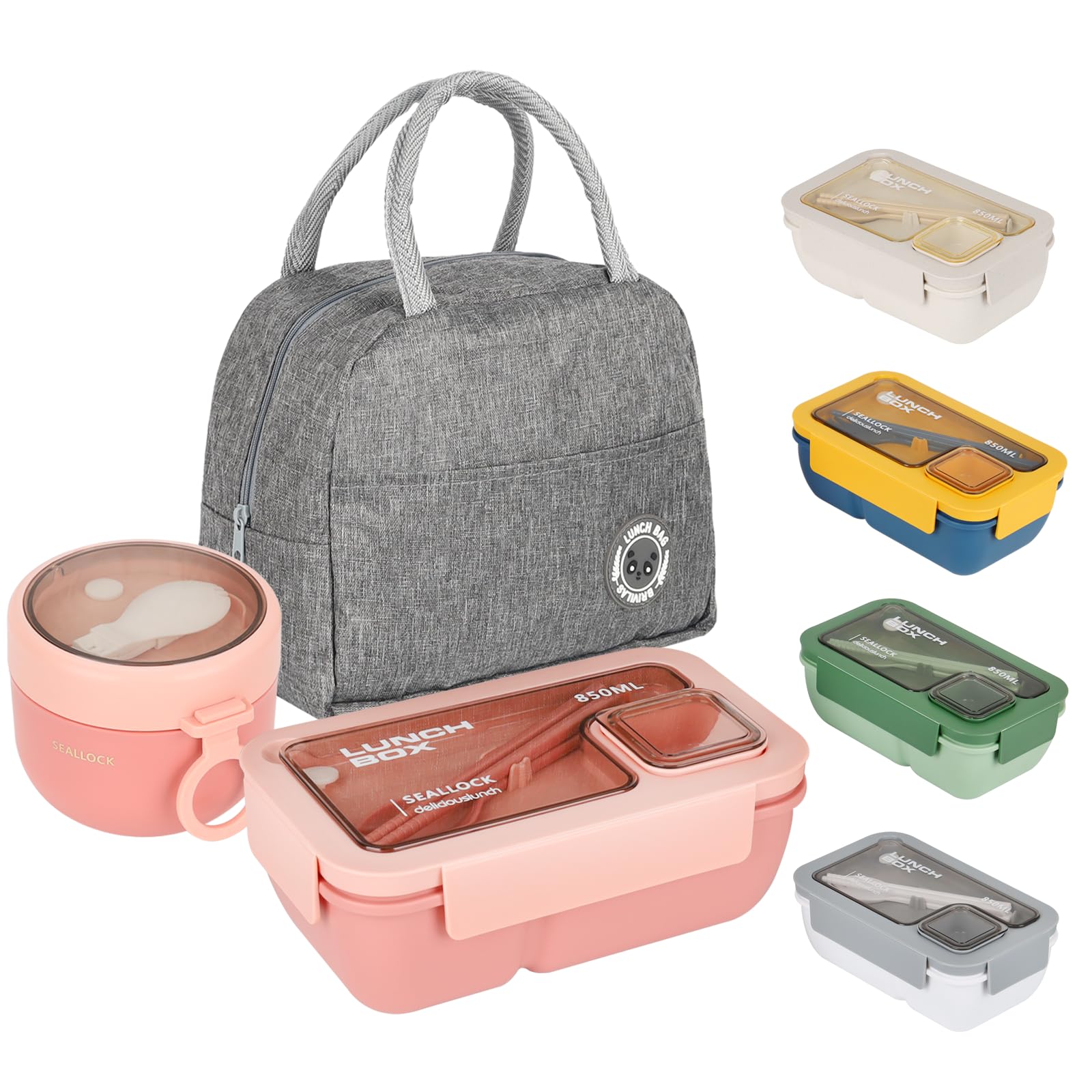 Esilihom Lunch Box Adults, Leakproof Bento Box Set with Lunch Bag, Utensils, Oats Container, for Men Women Student Office School, Food Storage with Fork & Spoon, Pink