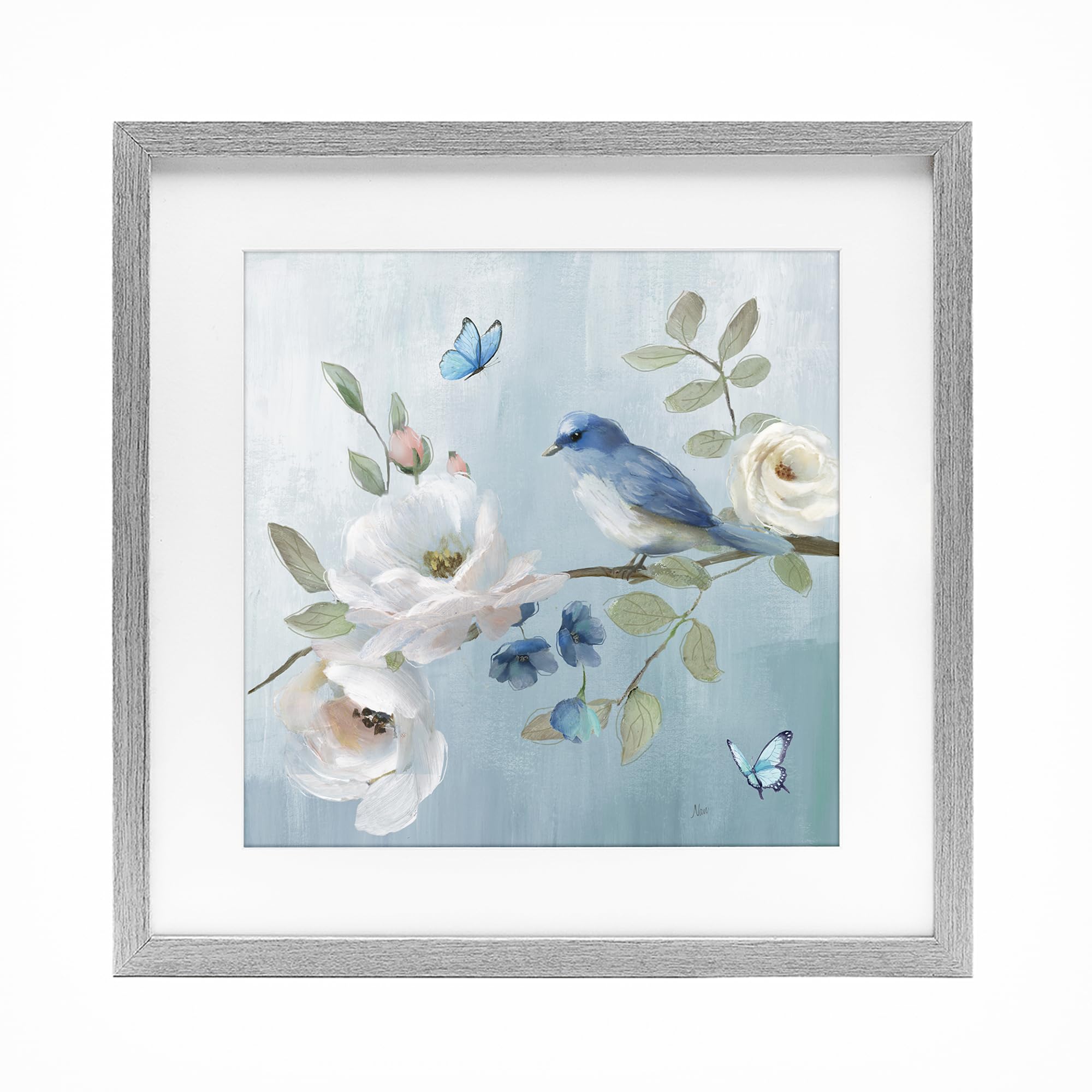 Stupell Industries 'Pastel Blue Bird Blooms', Framed Print Under Glass, Gray, 16 x 16 Inches, Easy to Hang and Sturdy, Made in USA, by Nan