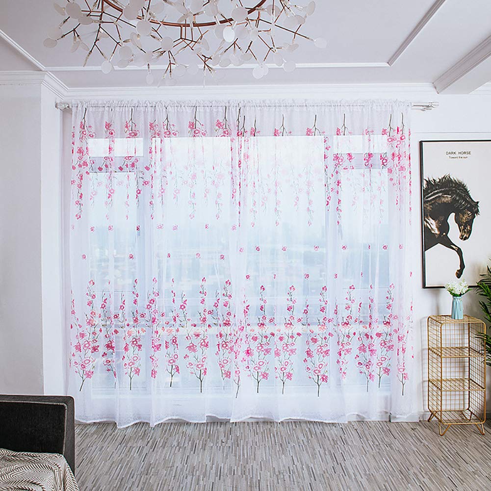 Boyouth - Tende corte in voile, con ricami a fiori e foglie verdi, con