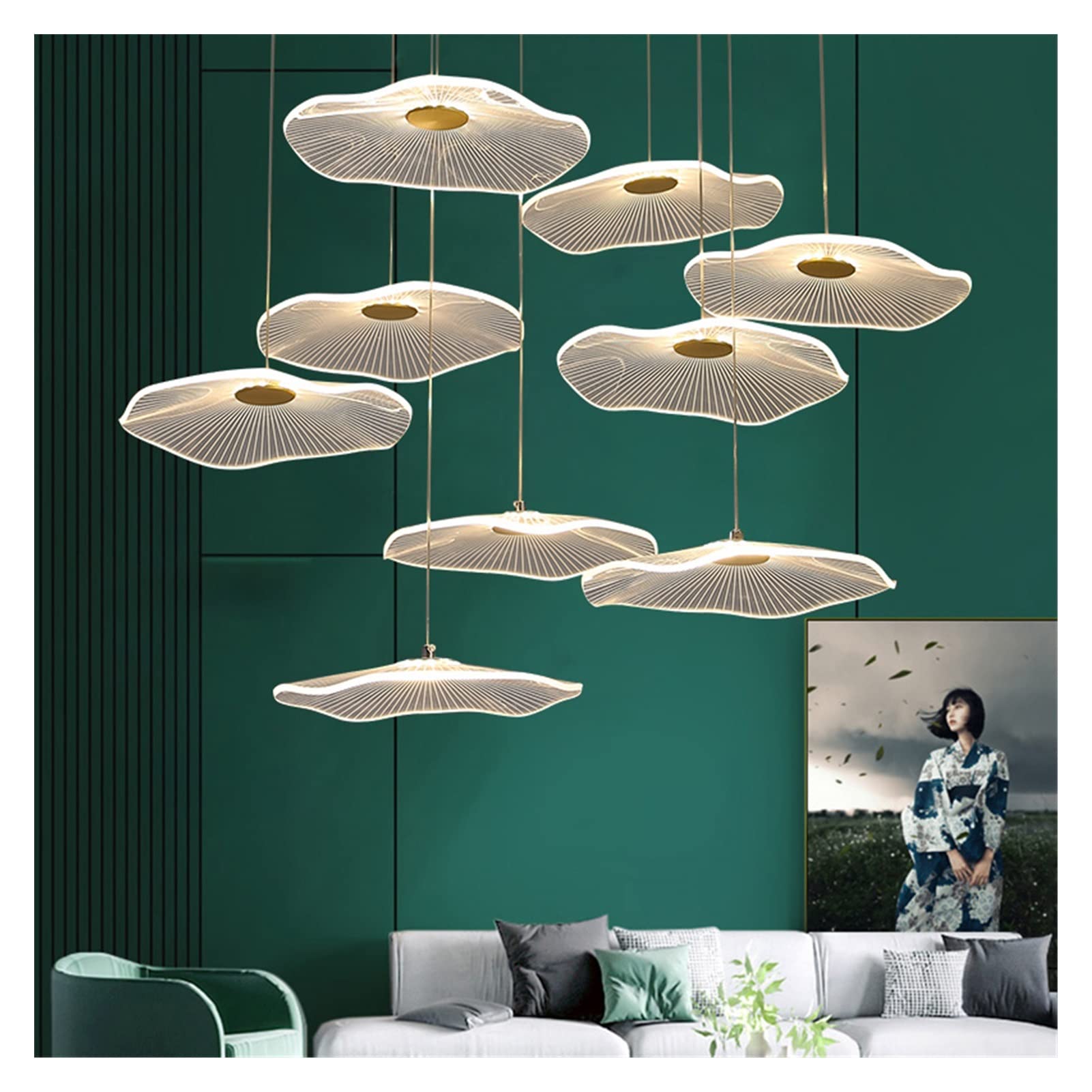 Lampada a Sospensione, lampadari a LED, lampadario Moderno di Lusso con Paralume in Acrilico a Forma di Foglia di Loto per Scale, Soggiorno e Ristorante.