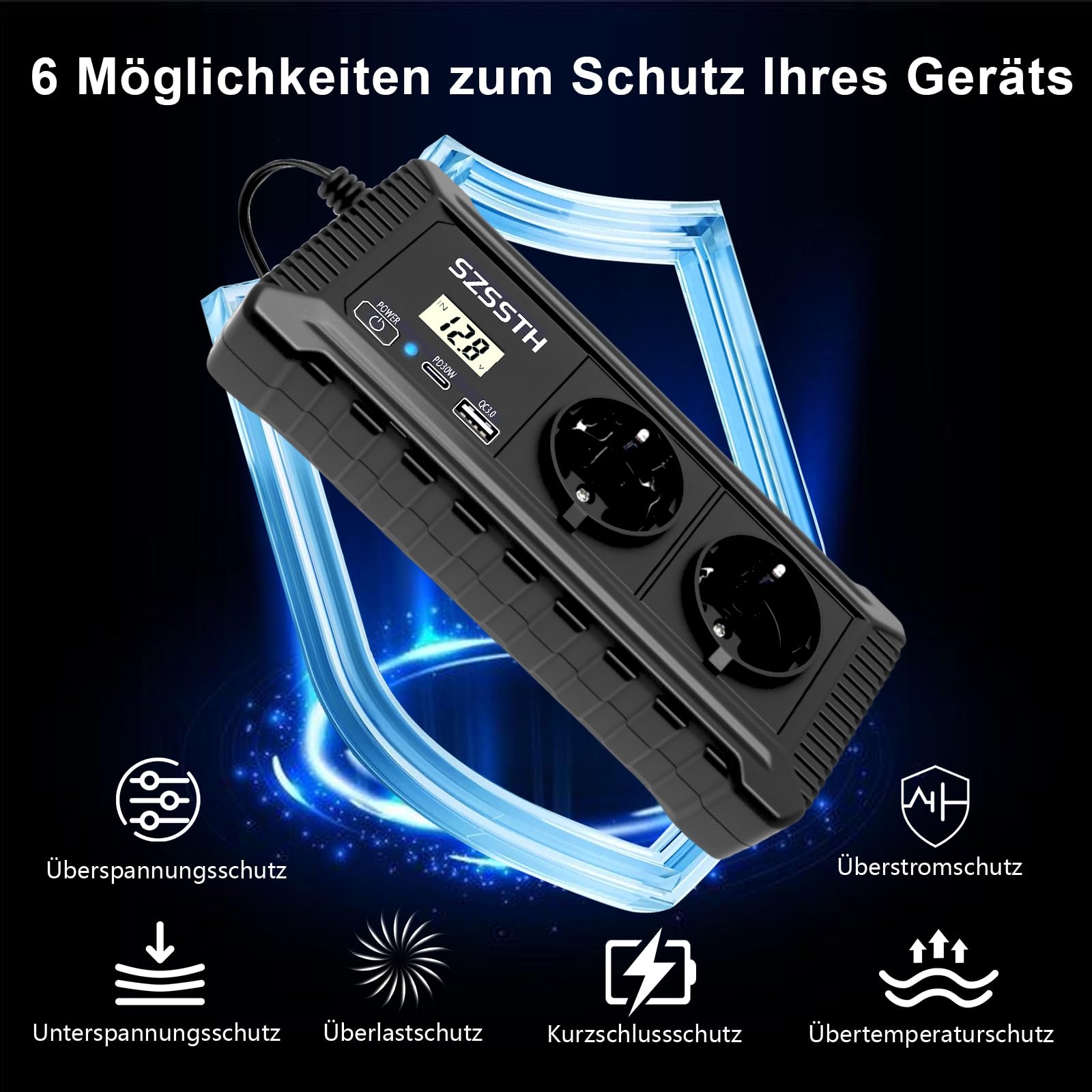 200W Auto Wechselrichter 12v auf 230v Spannungswandler mit PD USB-C und USB-A Anschluss, Auto Steckdose Inverter 12V 220V für Campen Reisen Handys Laptop Pad Und Mehr