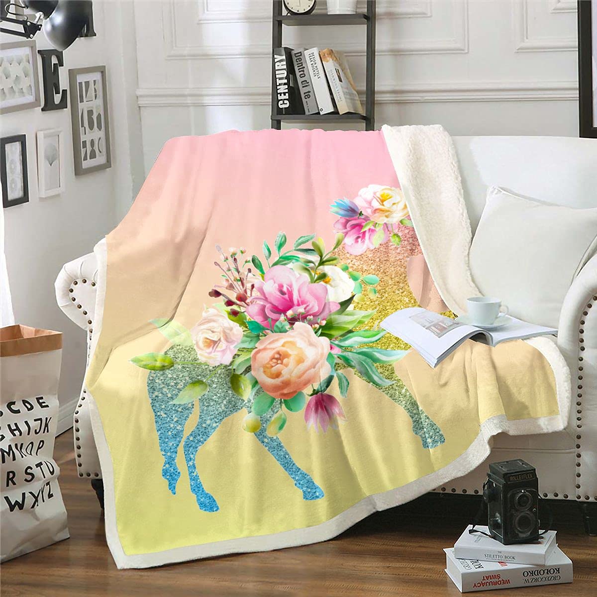 Girls Unicorn Sherpa Blanket for Bed Sofa Baby Girl Unicorn Floral Glitter Plush Blanket Girly Dreamy Horse Flower Fleece Throw Blanket Soft Chic Princess Style Fuzzy Blanket Single 50x60 Inch