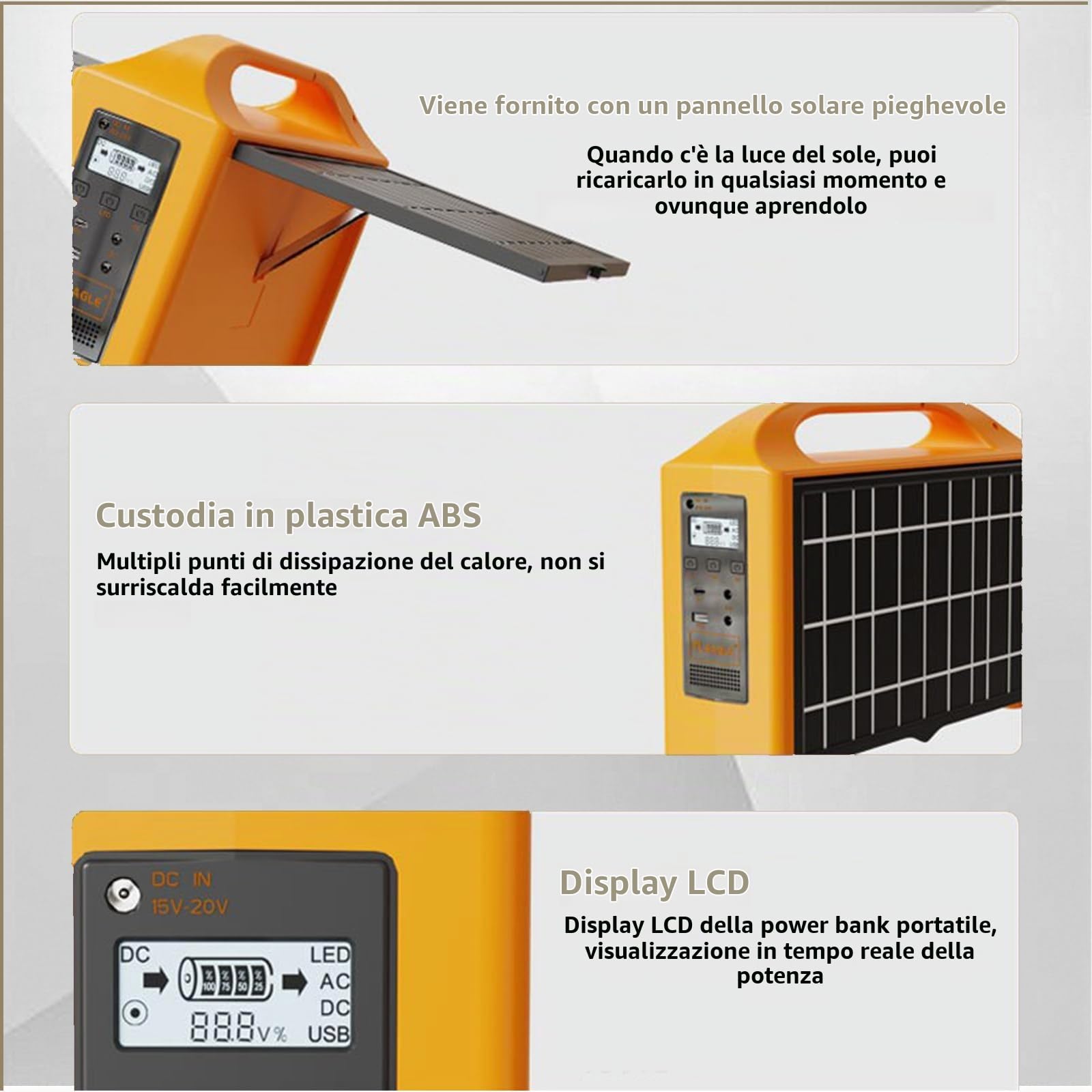Centrale Elettrica Portatile Ricarica Solare, Batteria di Backup 100w 76.8wh, Generatore Solare a 5 Uscite, Uscita USB-C Ca/CC per Emergenze Domestiche/Campeggio/Camper/Esterni/Pesca