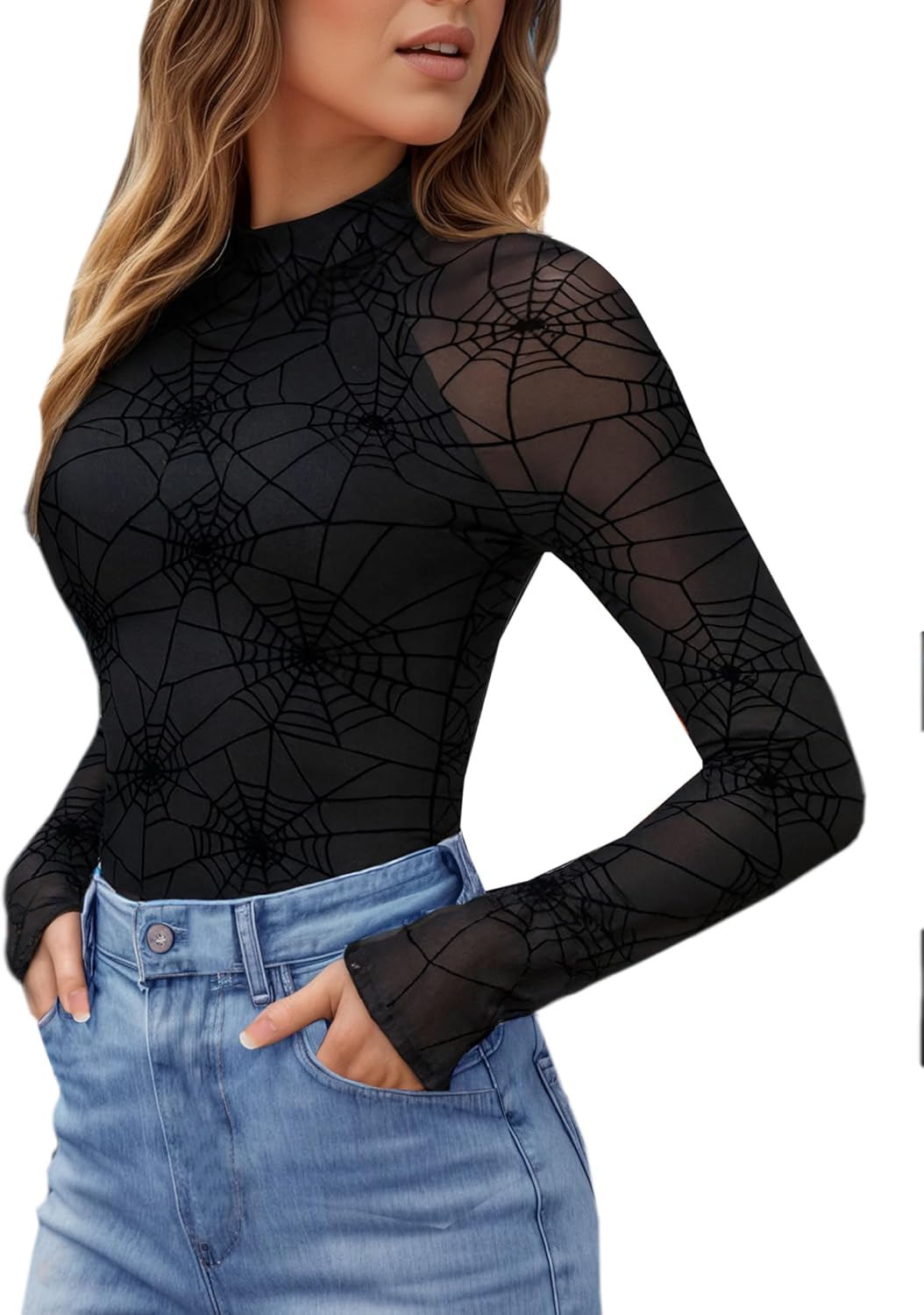 Floral Mesh Top for Women Mock Neck Long Sleeve Floral Shirts Double Layered Going Out Tops Fall Outfits - Image 4