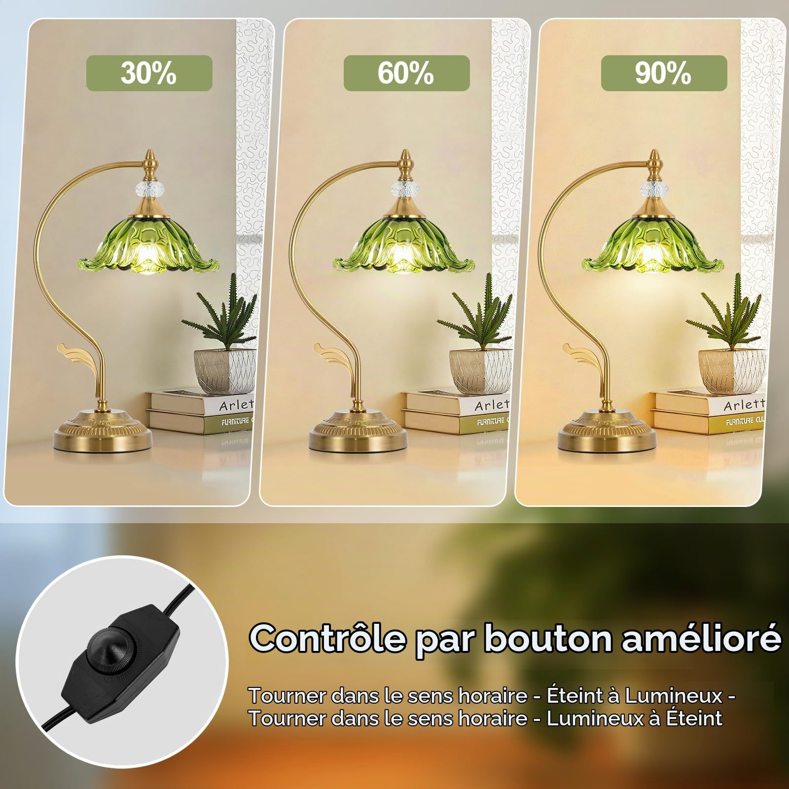 Lampe de table en verre, lampe de table dorée, lampe de chevet vintage en forme de fleur, lampes de table pour chambre à coucher, salon, bureau à domicile (vert)