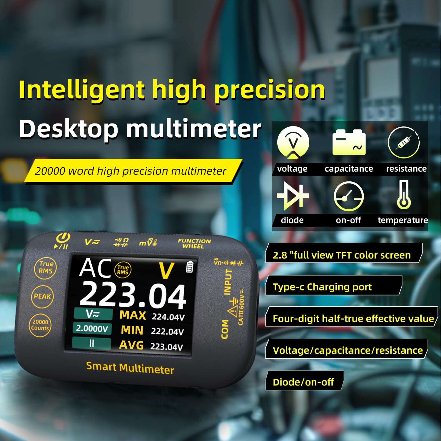 Treedix Digital-Multimeter, 20000 Counts mit Aufzeichnungsmodus, 1000V Spannungsprüfer, wiederaufladbares Multimeter mit AC/DC-Spannung, Widerstand, Durchgangsprüfung, Diode, Kapazität, Temperaturmess