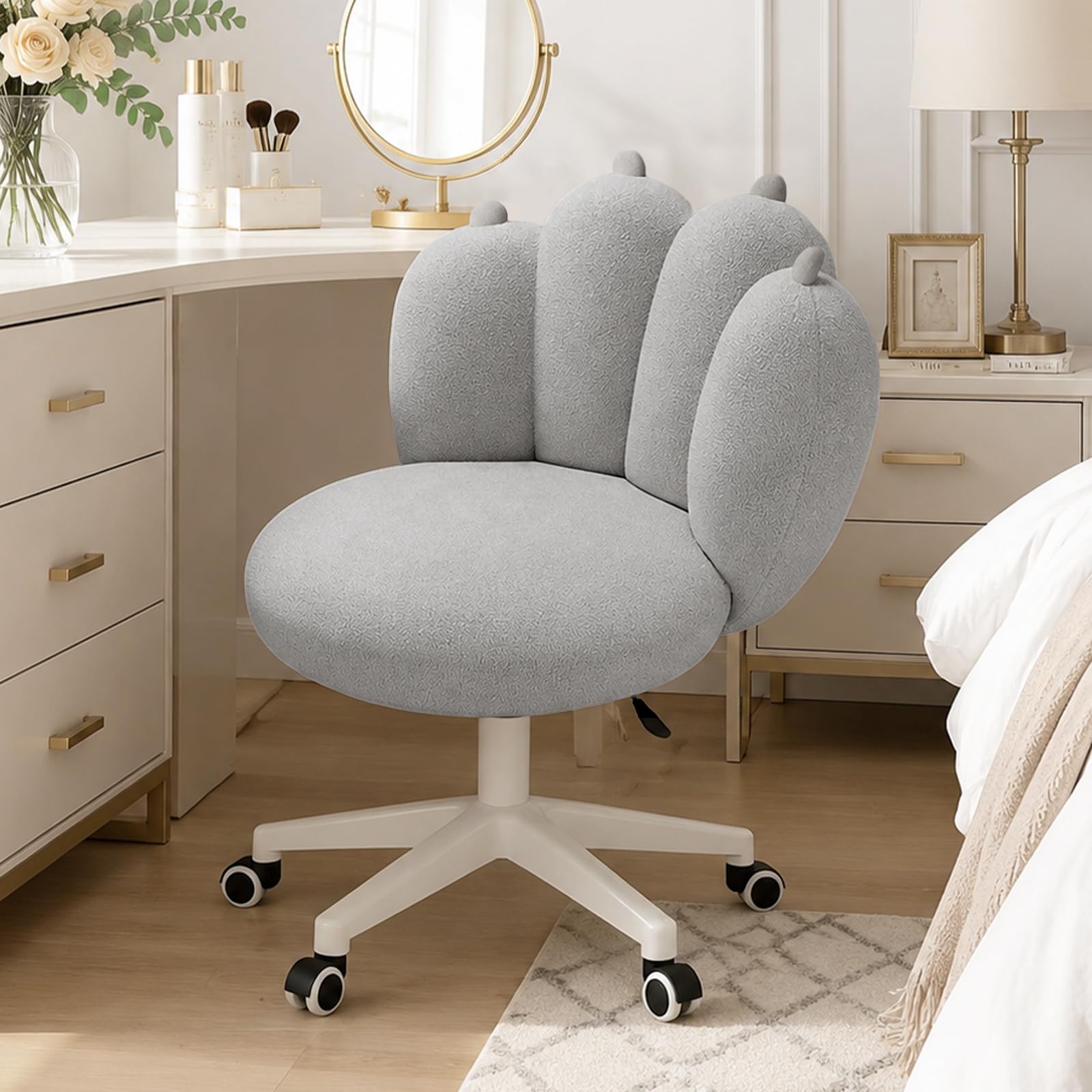 XUEGW Adorable Cat Paw Vanity Chair with Teddy Fleece,Armless Makeup Seat with Wheels,Height Adjustable Mid-Back Computer Task Seat for Bedroom,Living Room(Gray) — image 1
