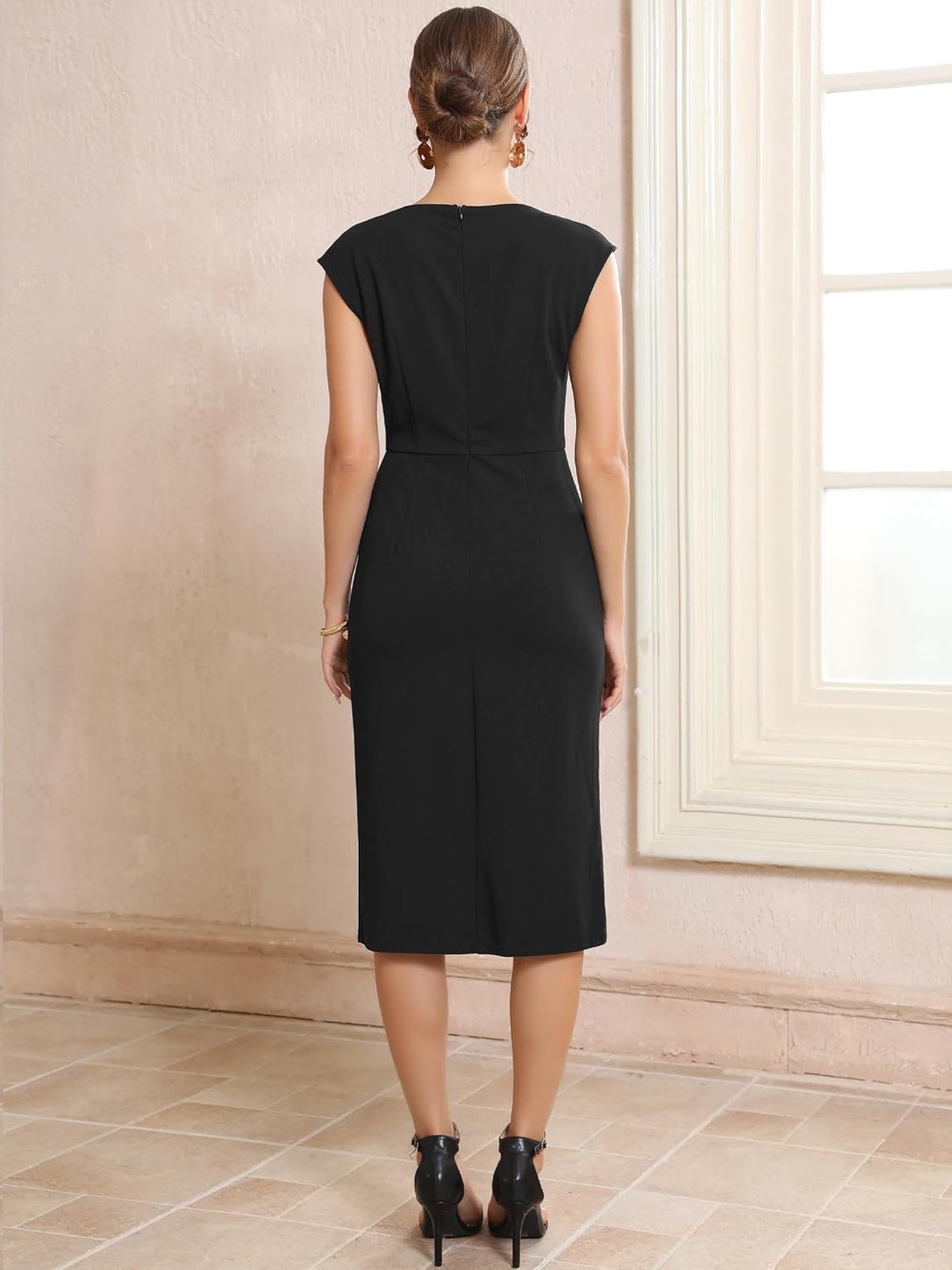 Women's Formal Sheath Dress Sleeveless Boat Neck Ruched Midi Work Dresses - Image 4