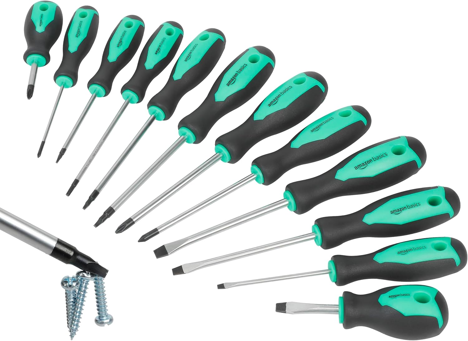 Amazon Basics Magnetic Screwdrivers Set, Includes Phillips, Slotted, Torx, Square, and Stubby Screwdrivers, 12-Piece Hand Tools Set, Turquoise
