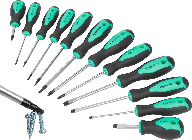 Juego de destornilladores magnéticos, 12 piezas, Phillips, ranurado, Torx, cuadrado y rechoncho con mango antideslizante, juego de herramientas manuales, turquesa