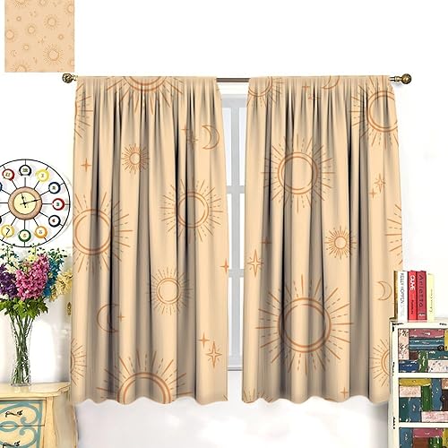 Miniatura 3 de Cortinas bohemias con estampado de sol y luna naranja, bolsillo para barra, cortinas para ventana para dormitorio, sala de estar, 42 x 45 pulgadas