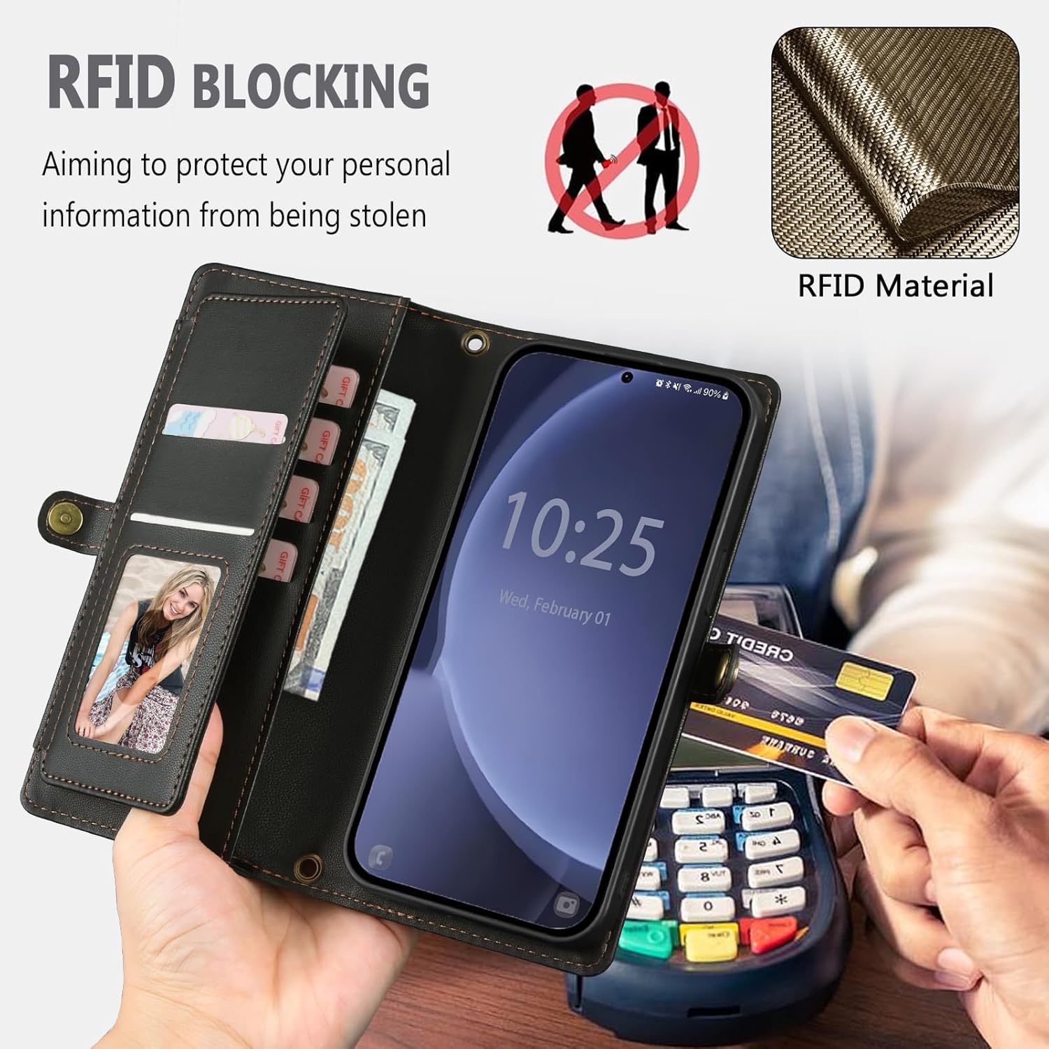 for Samsung Galaxy S25 Wallet Case with Card Holder/Crossbody Wallet/Strap,[RFID Blocking][Magnetic] PU Leather Shockproof Protective Cover Samsung Galaxy S25 Case 6.1”,Black