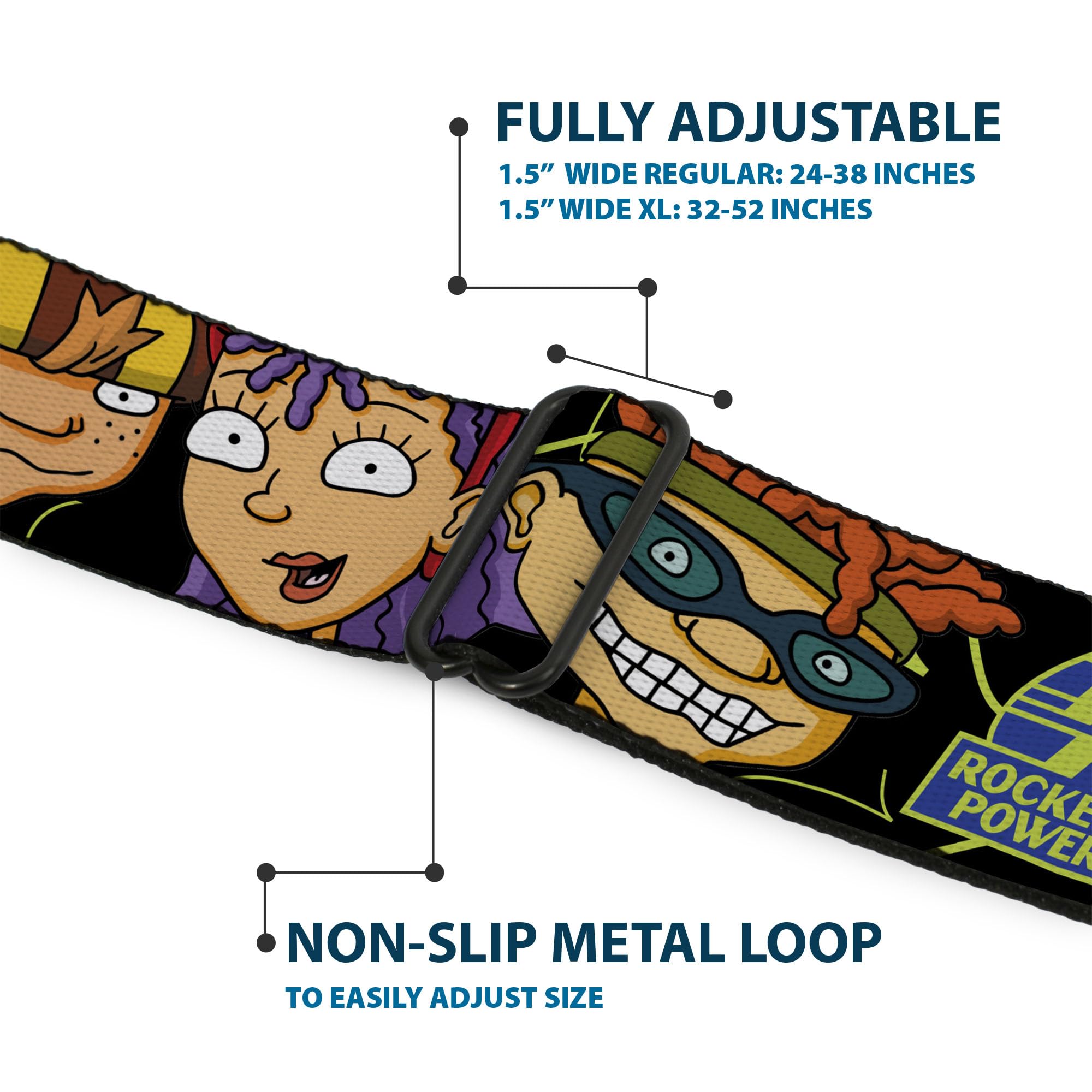 Buckle-Down Cinturón de Seguridad Hebilla Rocket Power Logo 4 Caracteres Primer Plano Negro Verde Azul 24 a 38 Pulgadas, 1.5" Wide-Fits Pant Size 24-38 Unisex Adulto