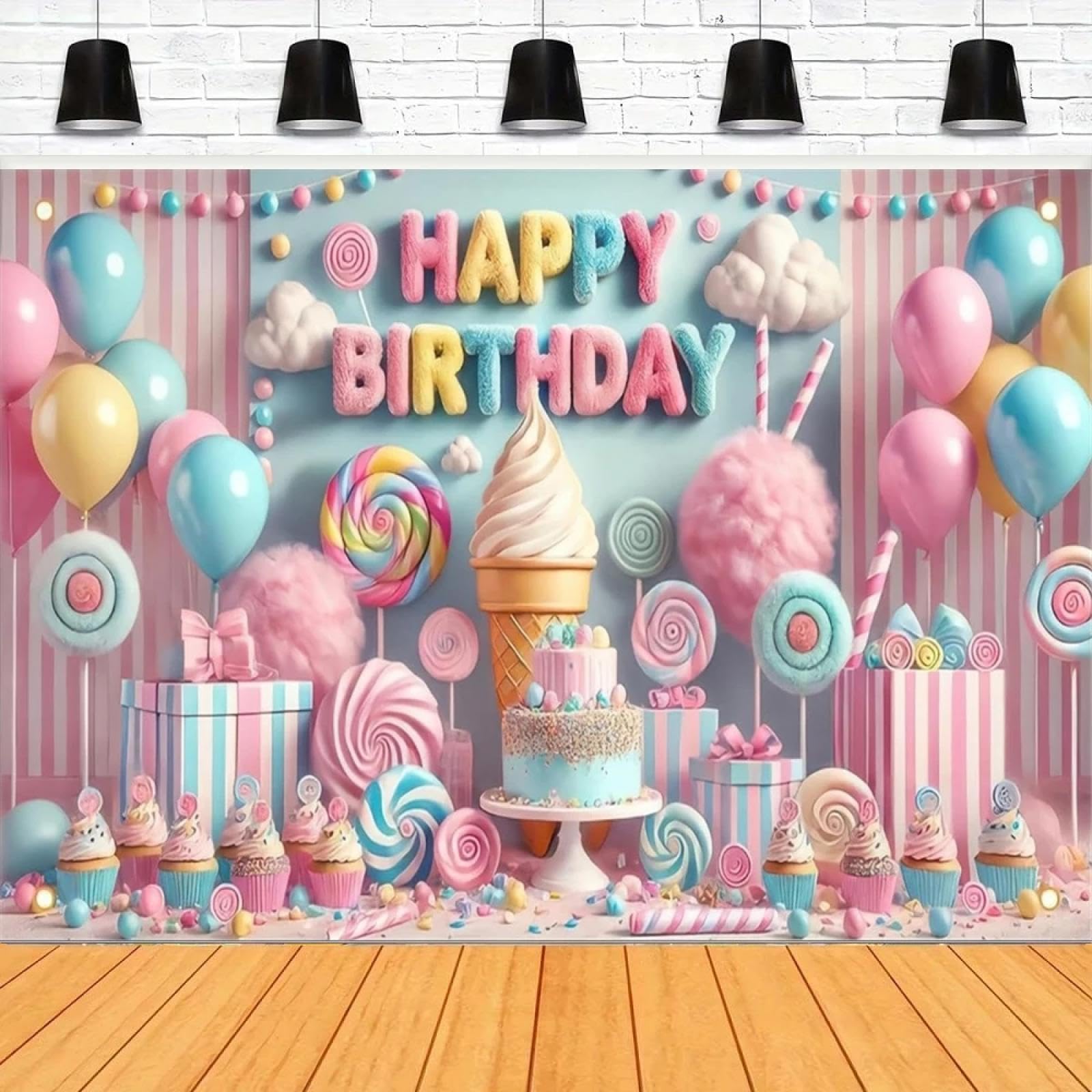 Fotografia Tło Kolorowe Słodkie Lody Bawełny Banner Dla Dzieci Happy Birthday Party Decor