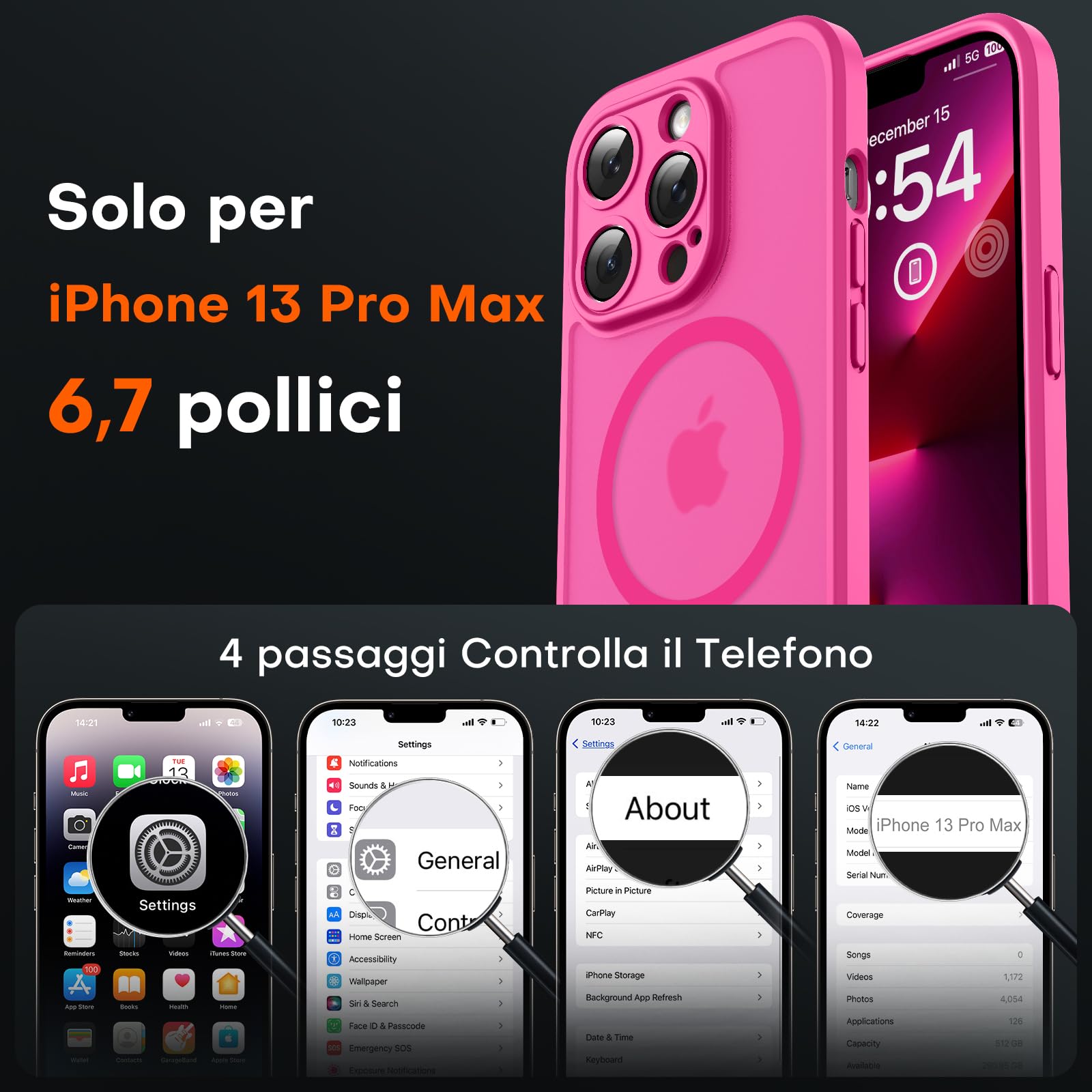 TOCOL Cover Magnetica per iPhone 13 Pro Max 6,7 Pollic, Compatibile con MagSafe, Protezione Fotocamera Integrata, Custodia Antiurto Traslucida Opaca, Rosa Caldo