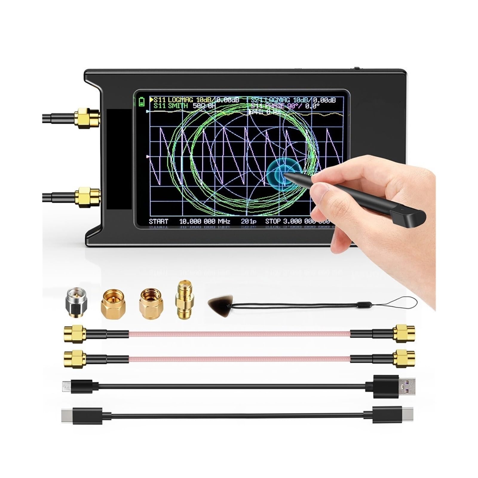 Analizador Vectorial de Redes, Analizador de red vectorial VNA-H4 actualizado de 4 pulgadas 10k-1,5 GHz HF VHF UHF Analizador de antena versión 4,3 con ranura for tarjeta SD Medición de Parámetros S,
