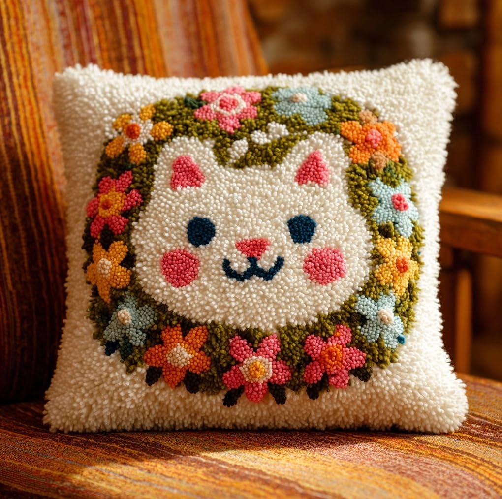 Taxpy Latch Hook Pillow Cover Kits for Adults Beginners,Cat with Flower Wreath Pre-Printed Embroidery Cushion Kit Latch Hook Kit Cushion Cover Making for DIY Starter Project,17X17Inch
