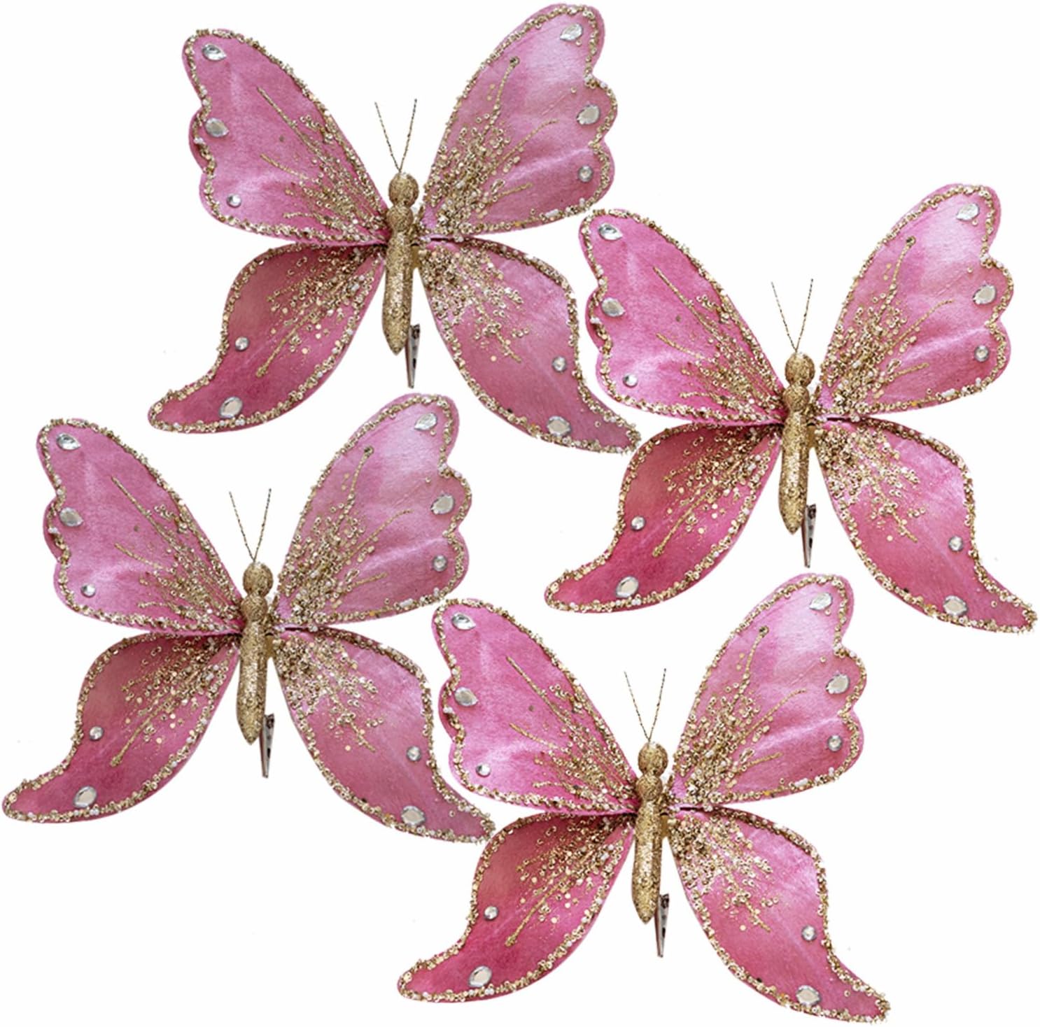 3D Glitter Christmas Butterfly 4 Pack Artificial Poinsettia Silk Butterflies Flower Ornaments with Clip for Xmas New Year Christmas Tree Wreath Decoration (Red)