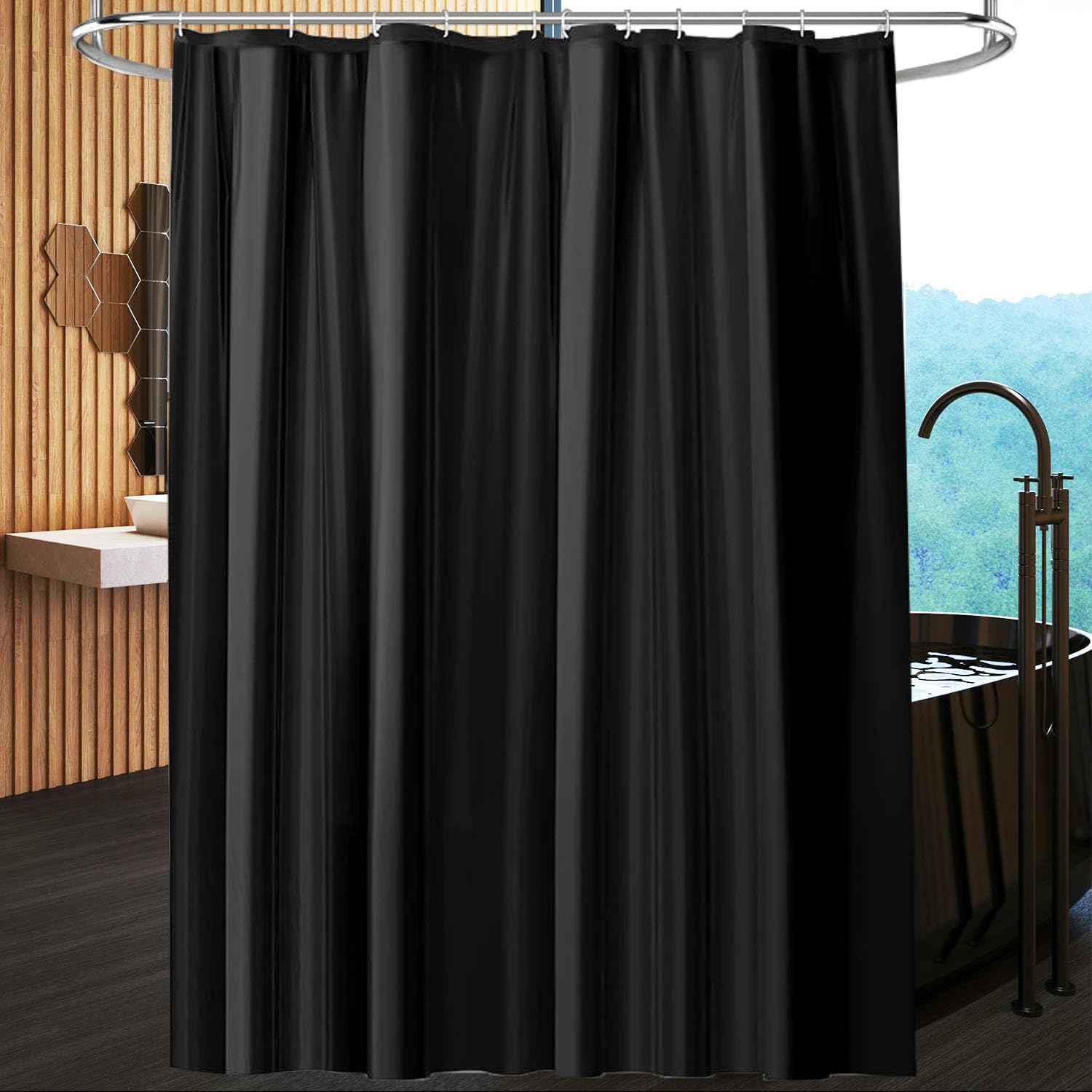 hzkais Black Shower Curtain, Mould Proof and Mildew Resistant Washable Bathroom Curtains, Shower Curtain for Bathroom, Bath Curtains with Hooks, 180 x 200 cm — image 1