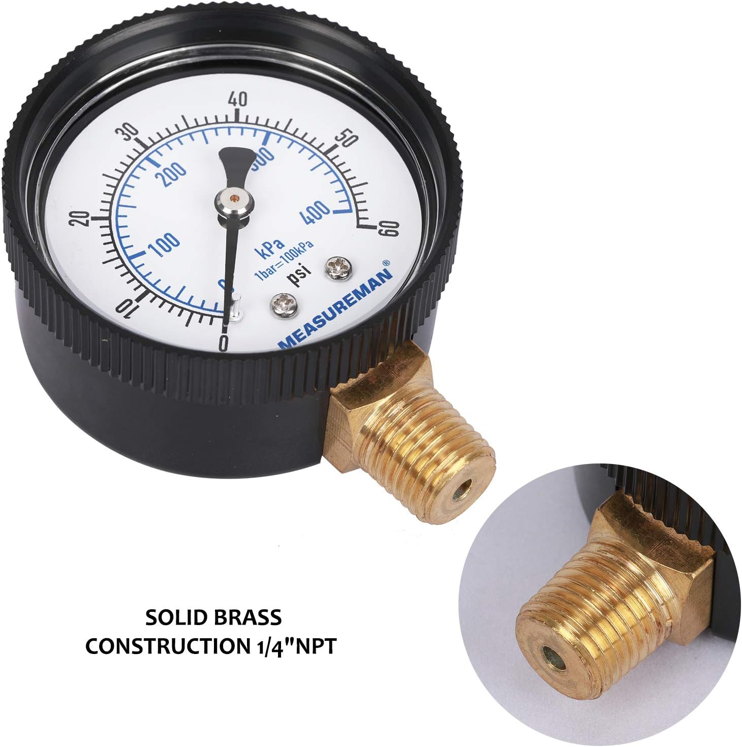 MEASUREMAN 2" Swimming Pool Pressure Gauge, 1/4" NPT Lower Mount, 0-60psi/kpa, Plastic Case : Patio, Lawn & Garden